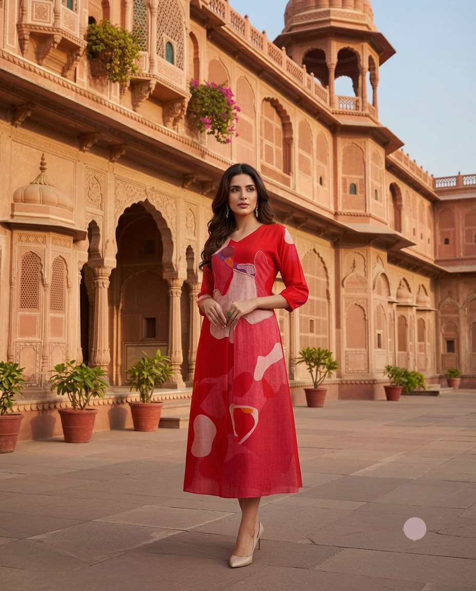 Crimson Red Abstract Printed Silk Kurti