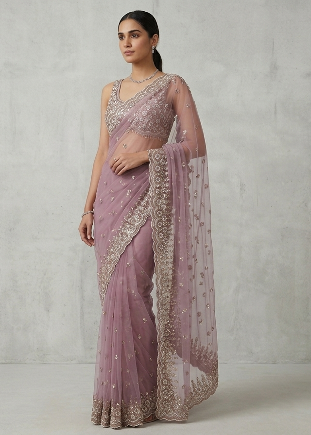 Lavender Net Saree with Delicate Sequin Embroidery Main image