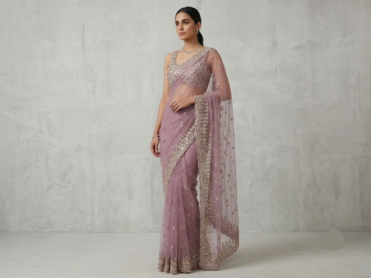 Lavender Net Saree with Delicate Sequin Embroidery