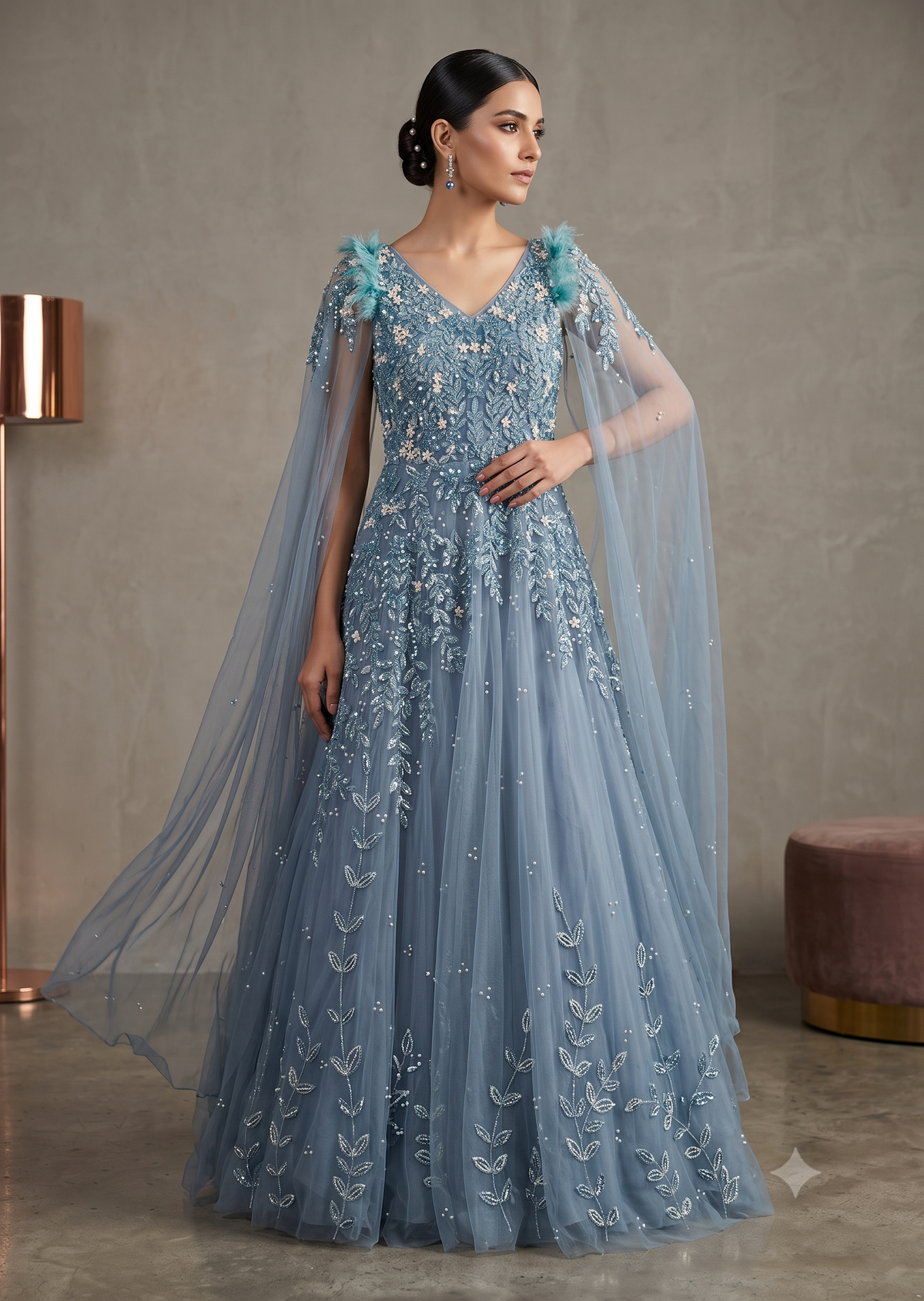 Dusty Azure Feather-Accent Cape Gown