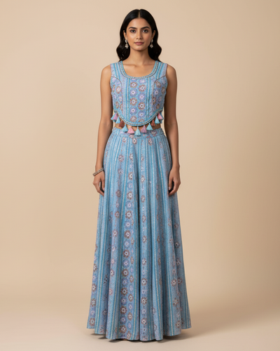 Serene Blue Floral Printed Halter Dress(JM-3032 M-33)
