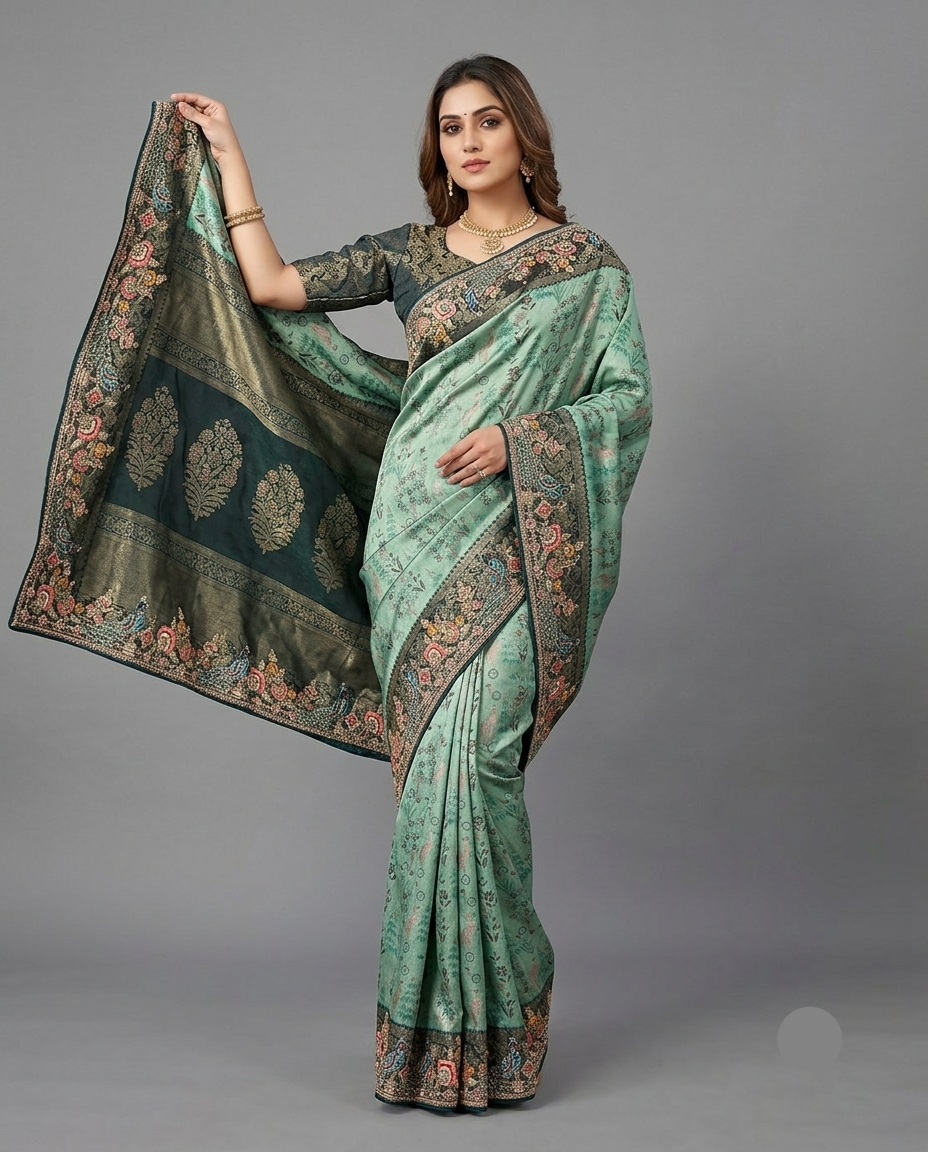 Sea Green Banarasi Silk Saree with Contrast Dark Green Pallu