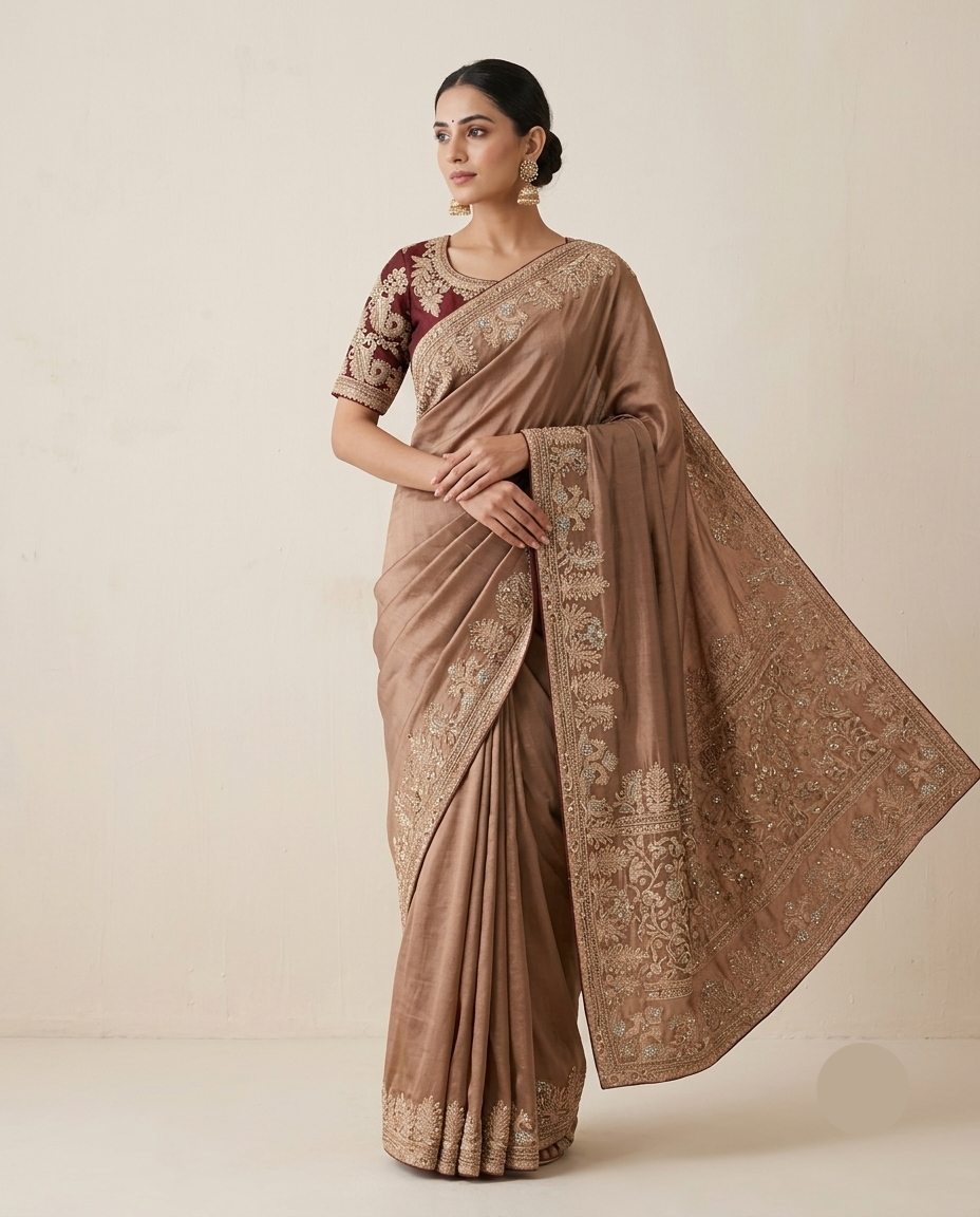 Mocha Brown Soft Saree with Antique Gold Embroidery Main image