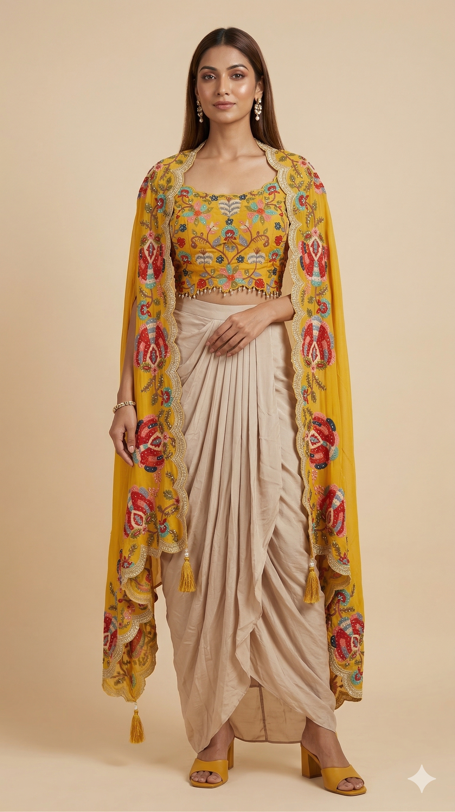 Floral Cape & Dhoti Skirt Ensemble