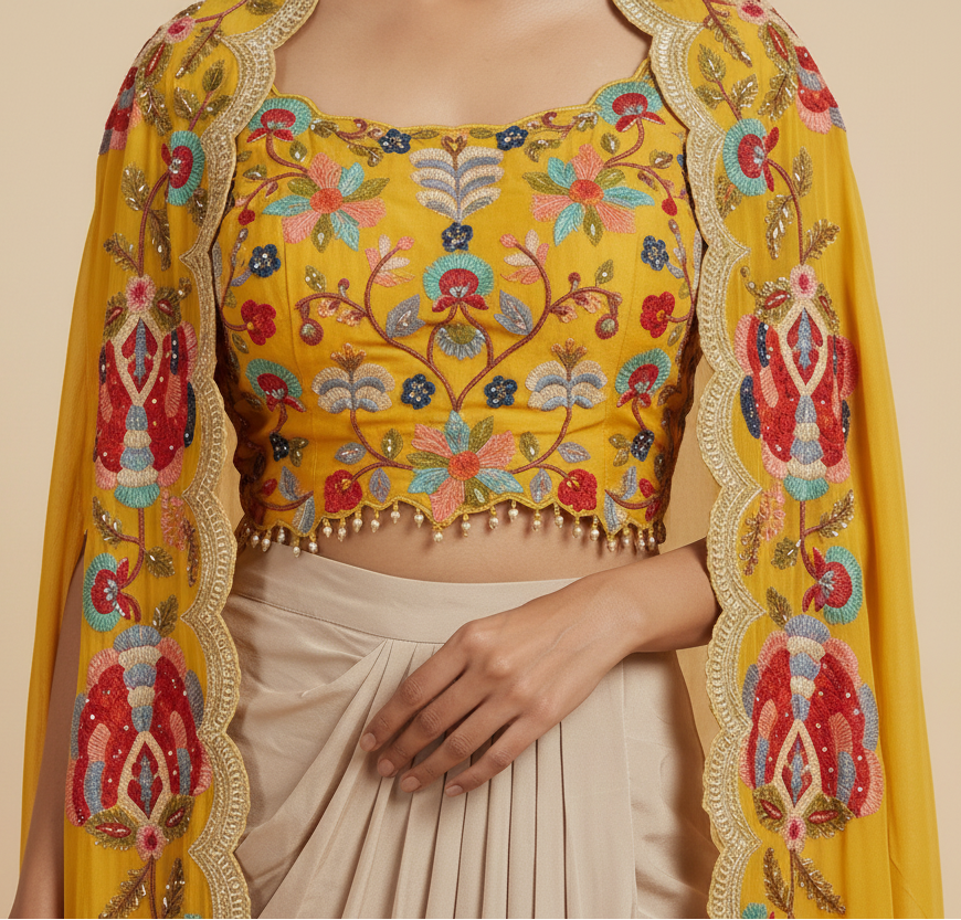 Floral Cape & Dhoti Skirt Ensemble