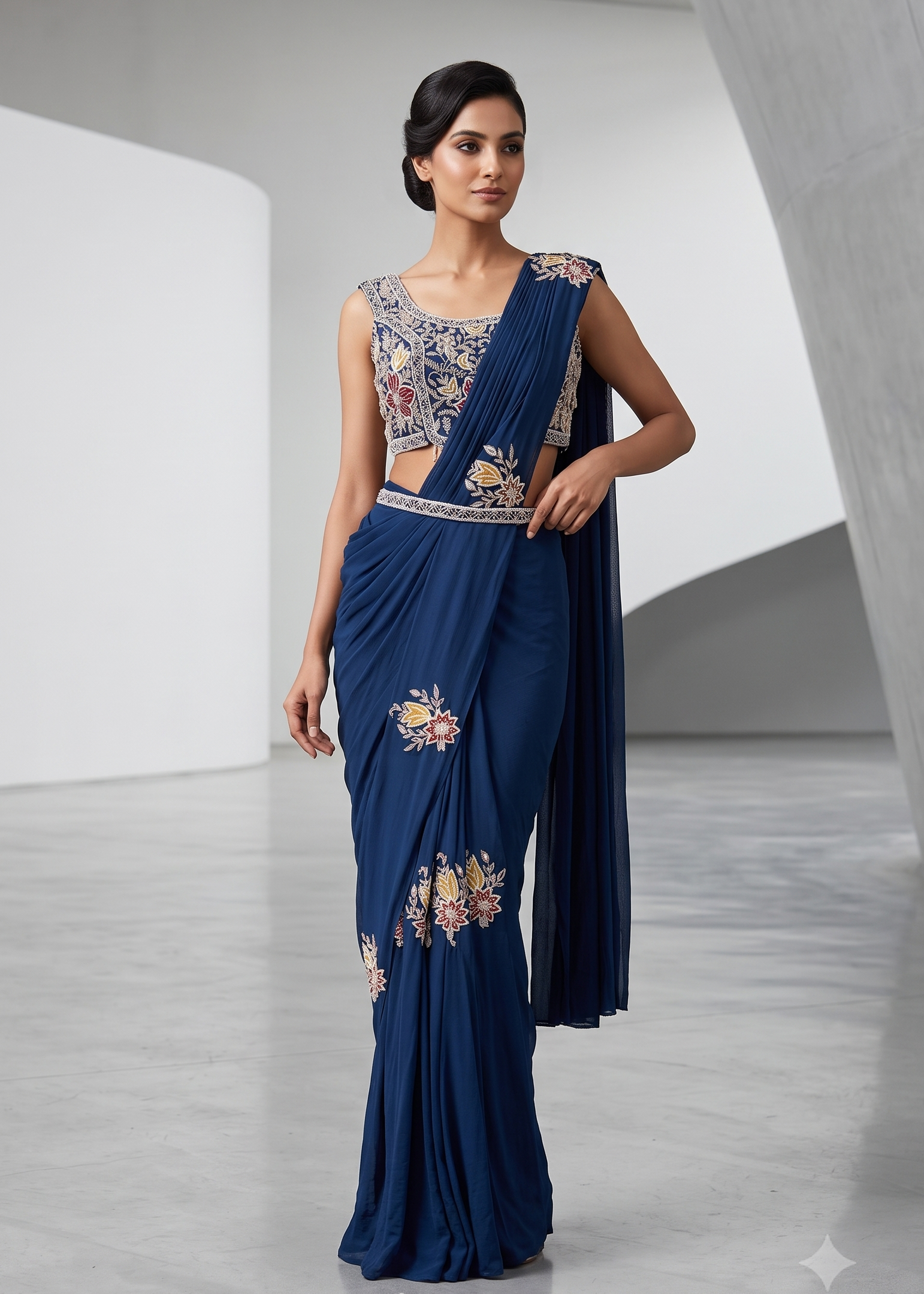 Navy Blue Pre-Draped Saree Set Main image