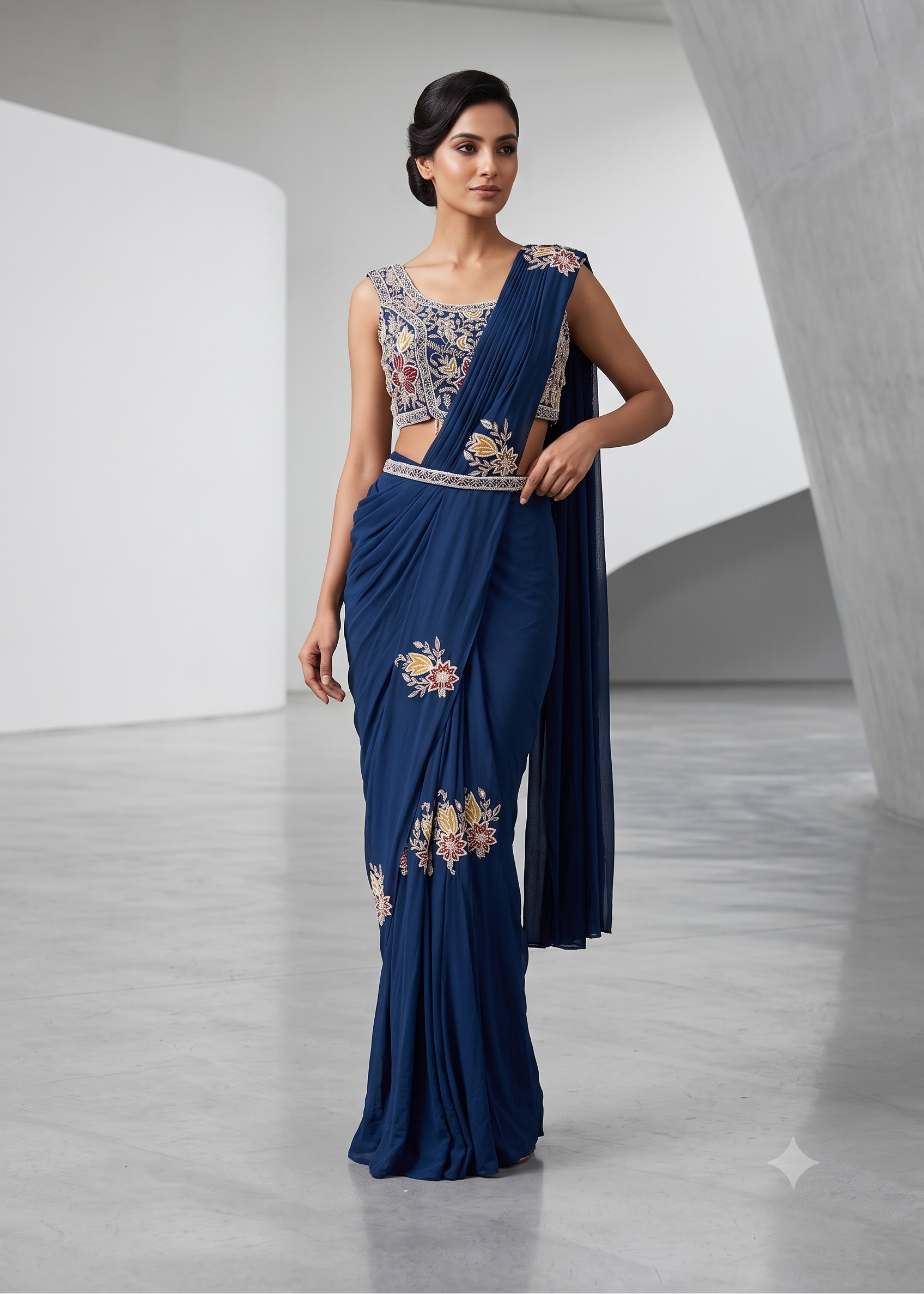 Navy Blue Pre-Draped Saree Set Main image