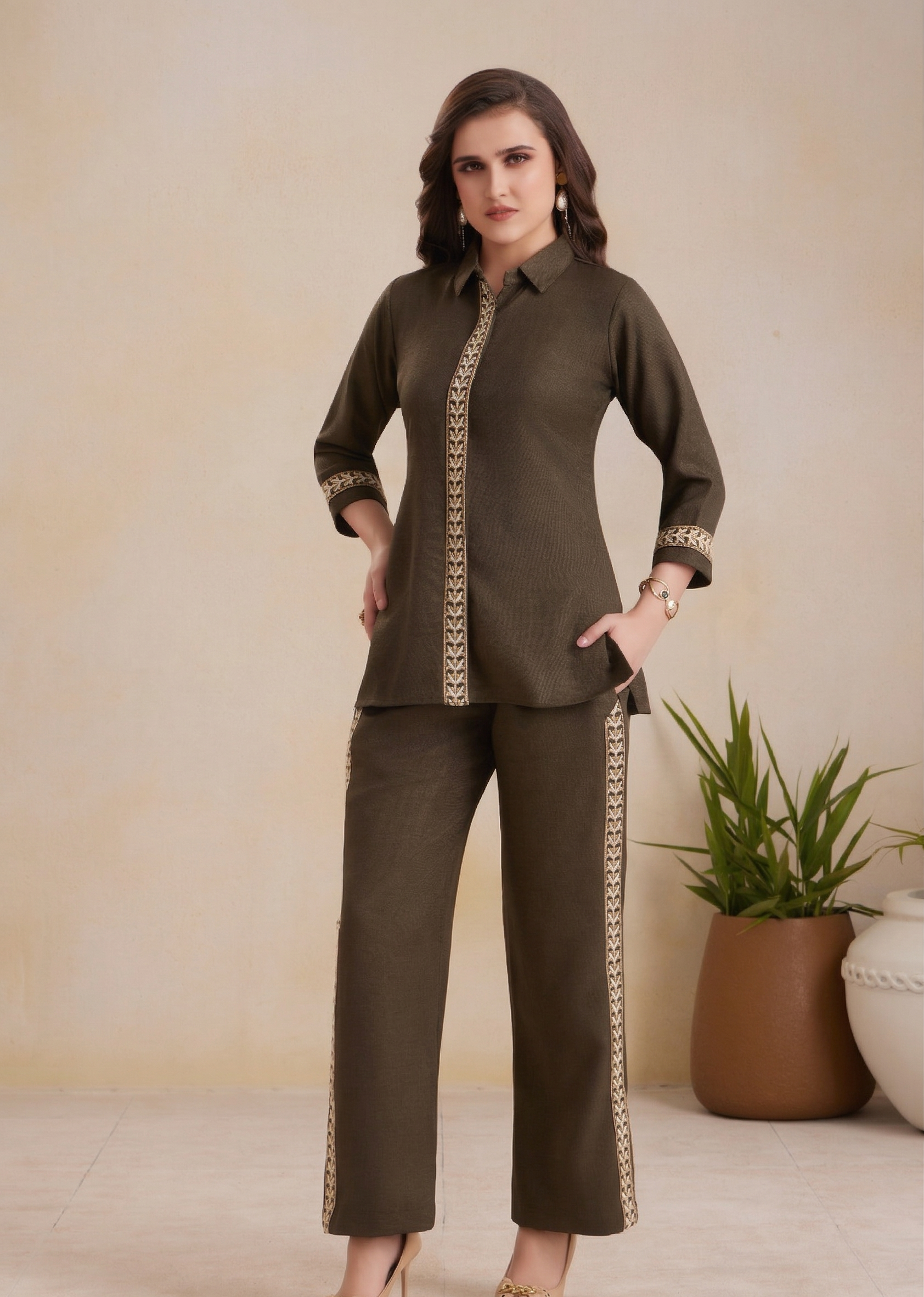 Olive Green Embroidered Co-ord Set Main image