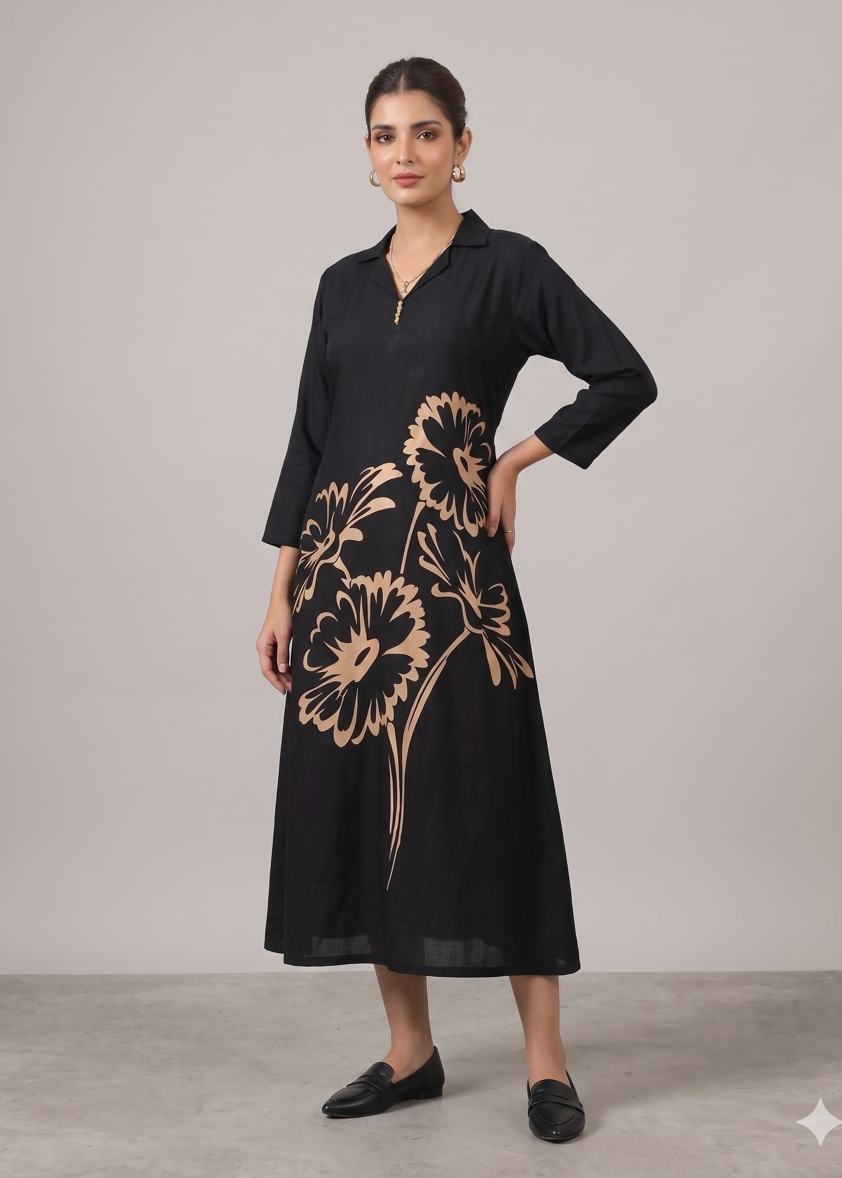 Minimalist Black Linen A-Line Midi Dress