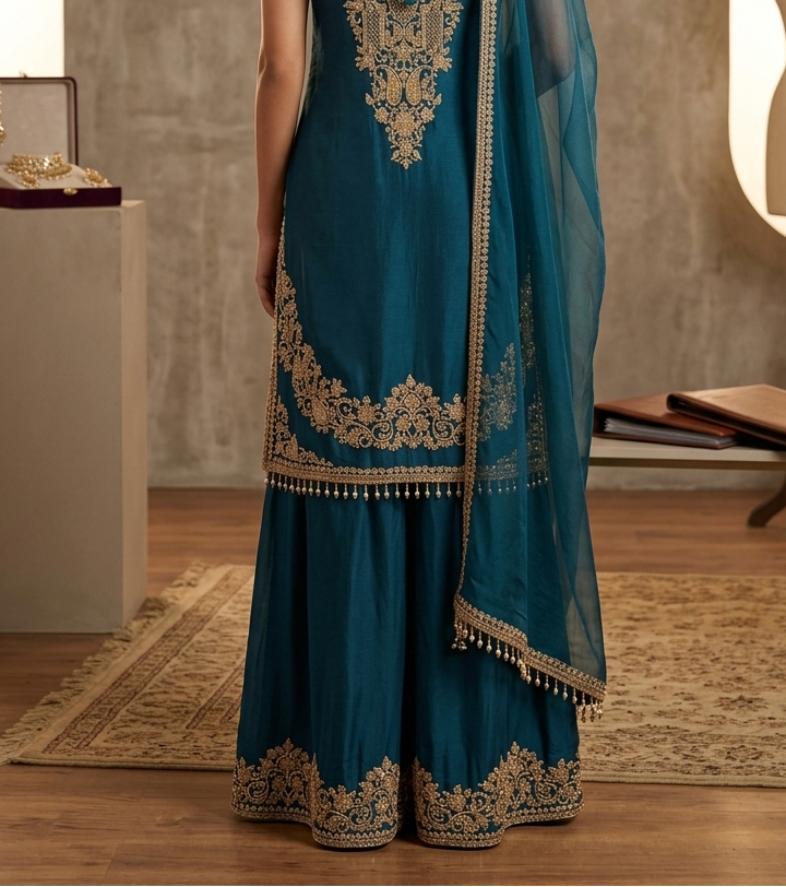 buy Bottle Green Georgette-Silk Kurti Set with Gold Embroidery for women