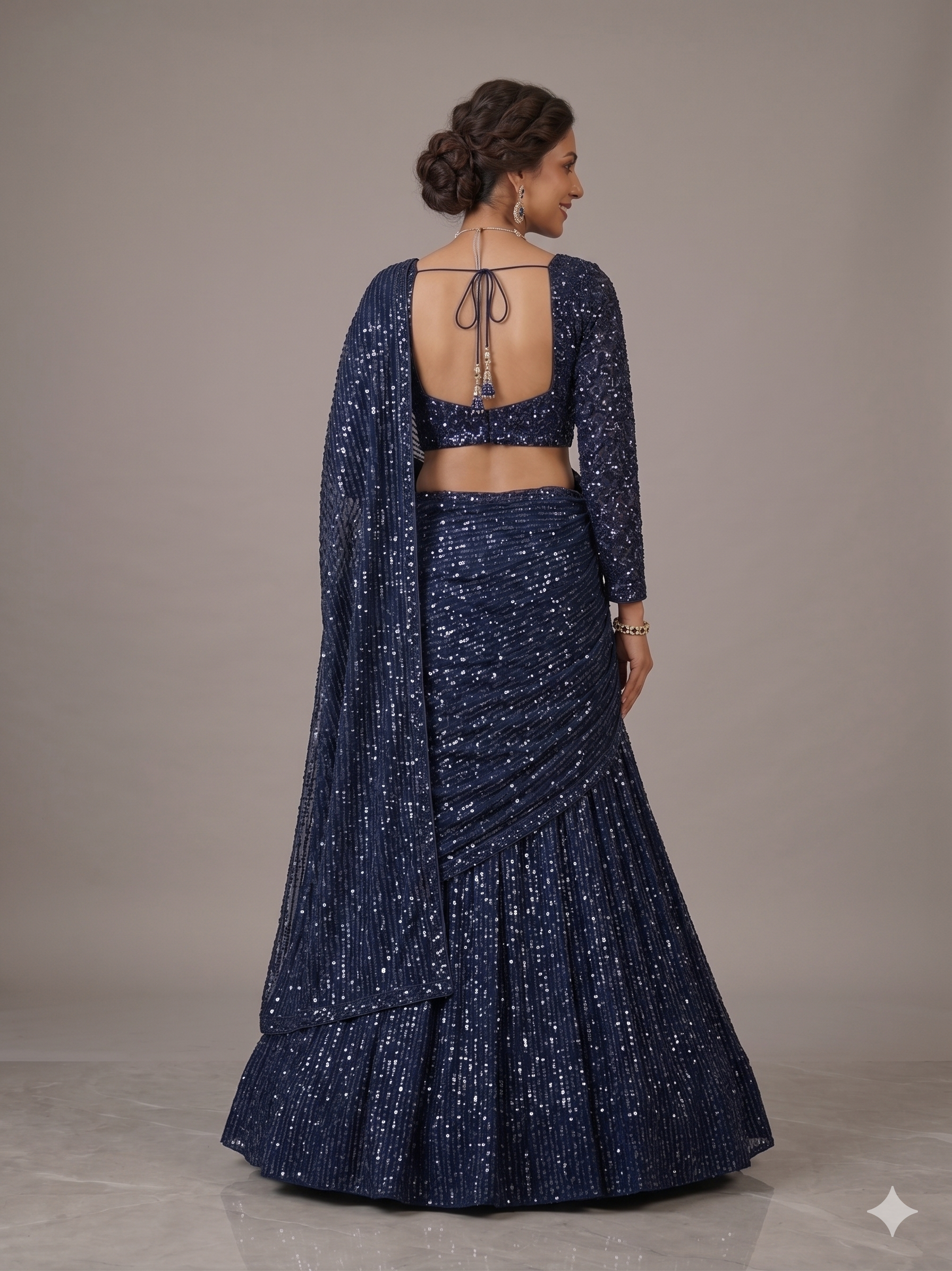 Deep Navy Blue All-Over Sequin Lehenga Secondary image