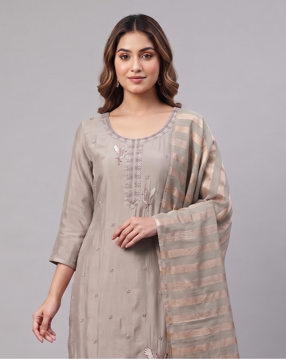 Chanderi Silk Hand-Embroidered Suit Set