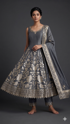 Midnight Slate Floral Embellished Anarkali Set