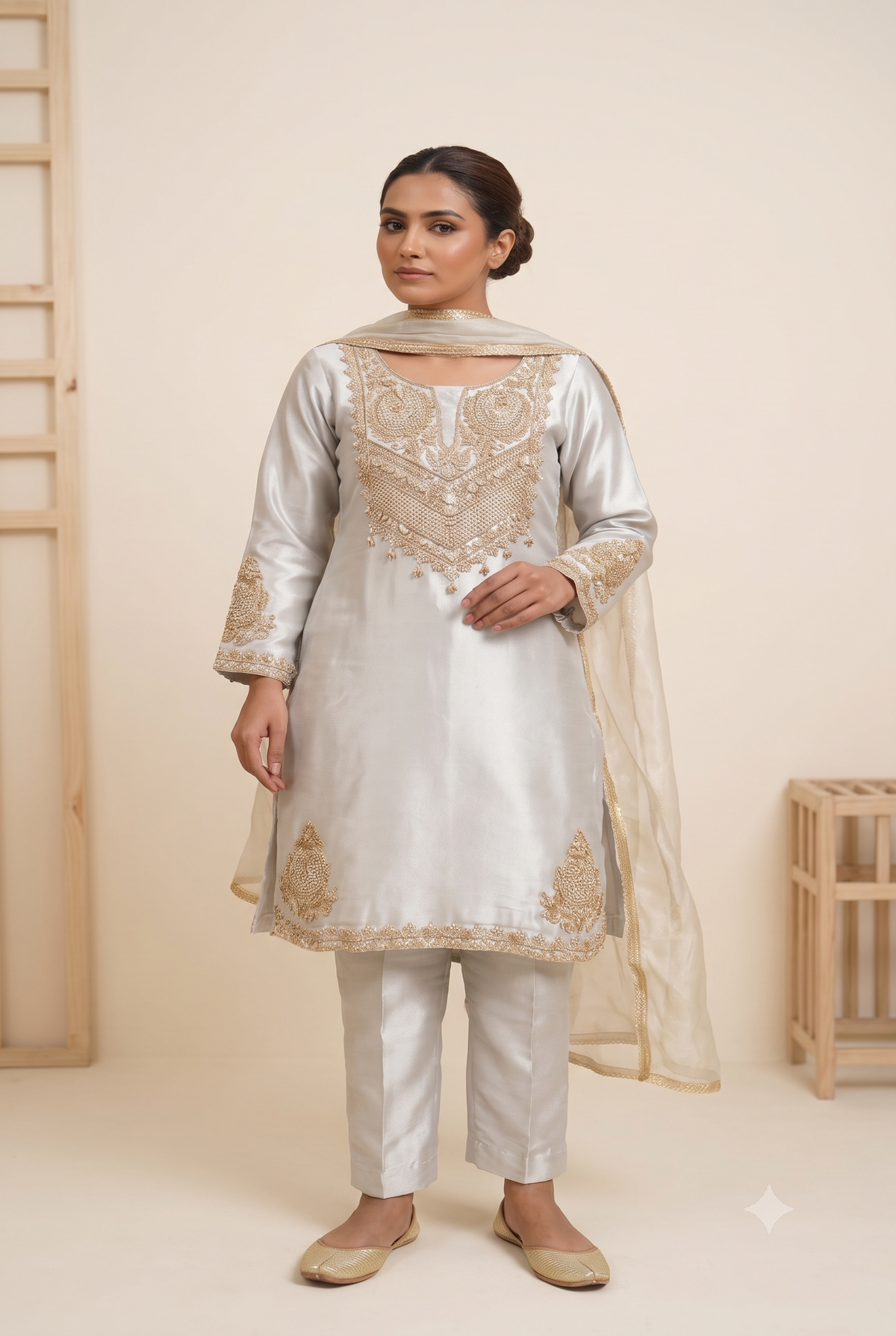 Silver Embroidered Kurta Pant Set with Designer Dupatta Main image