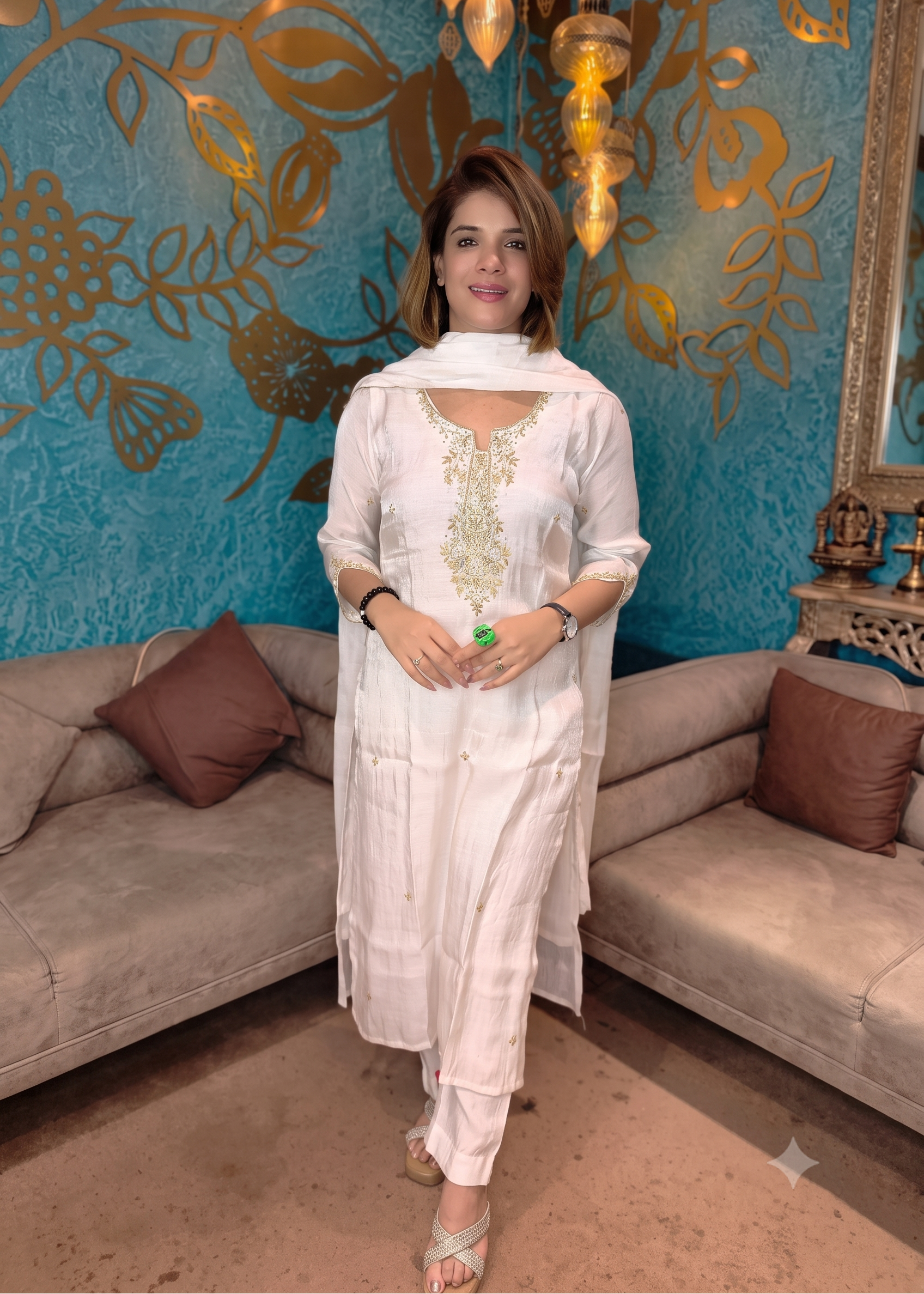 Off-White Embroidered Chanderi Silk Suit Main image