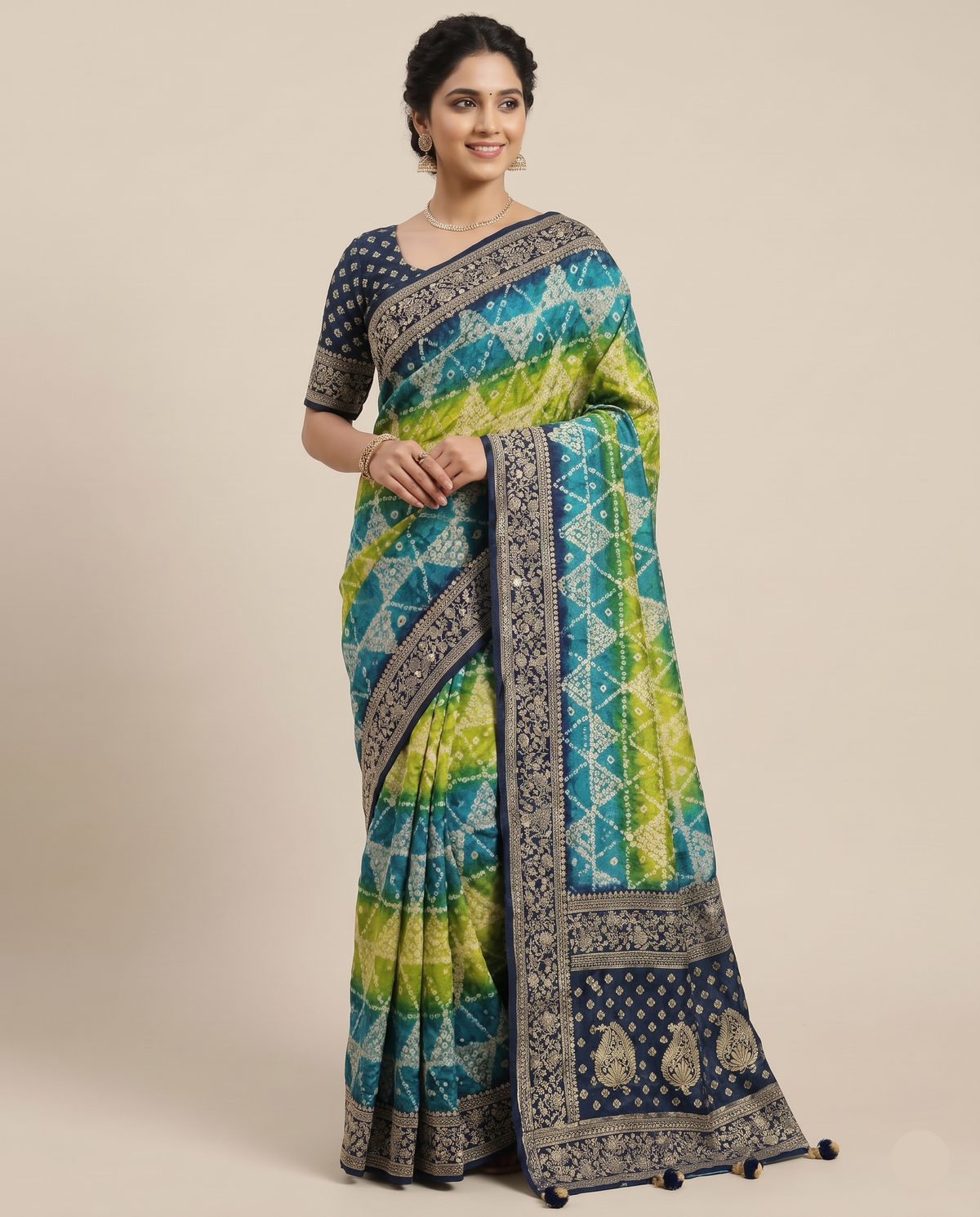 Navy Blue & Lime Green Bandhani Silk Saree Main image