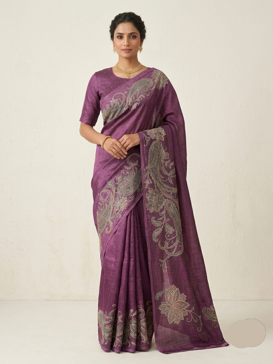 Elegant Purple Soft Fabric Saree with Paisley Embroidery Main image