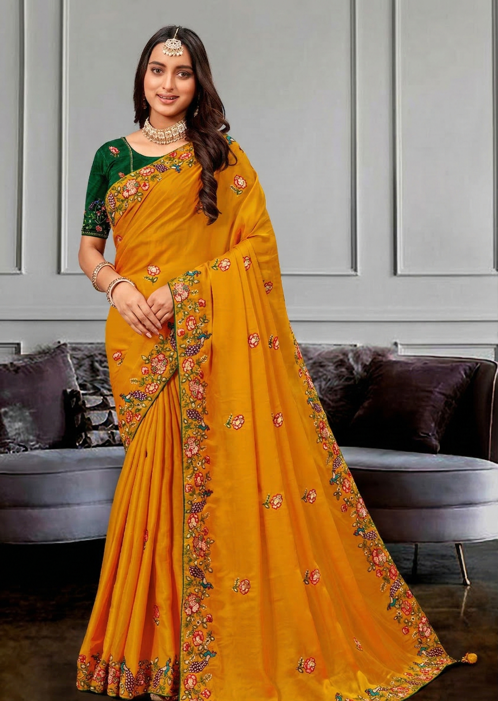 Mustard Silk Saree with Emerald Contrast