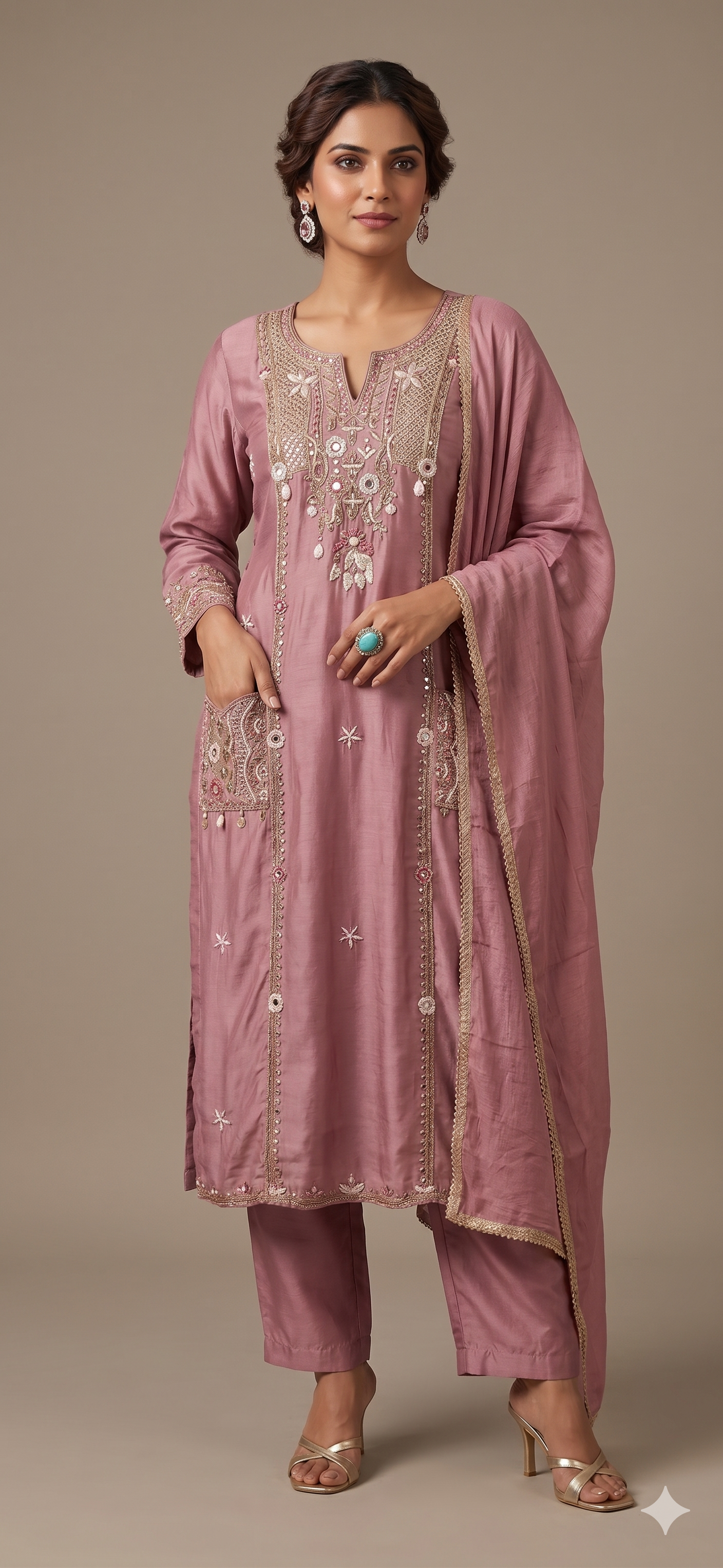 Mauve Silk Suit Set with Embroidered Pockets Main image