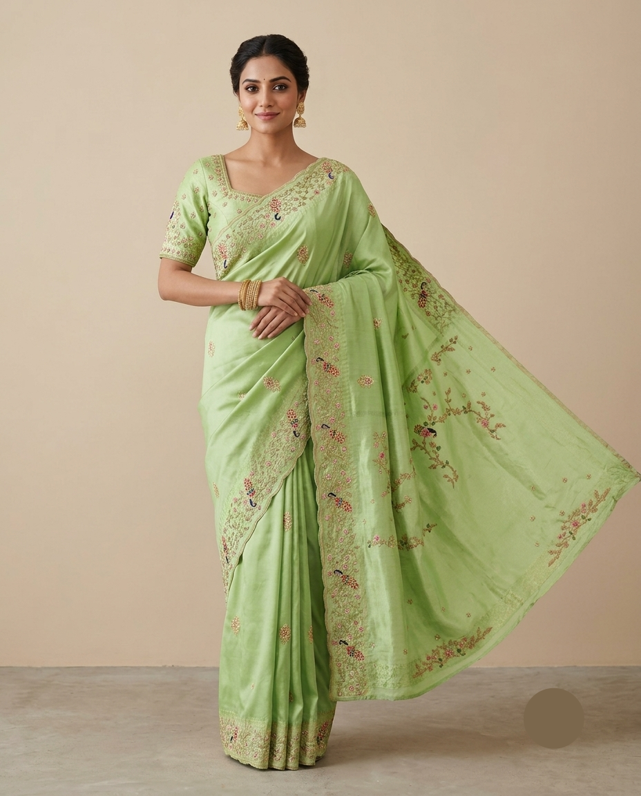 Pista Green Silk Saree with Delicate Embroidered Work Main image