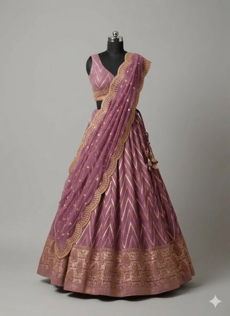 Ruby Red Chevron Silk Lehenga Set with Brocade Border (1036 GA-39)