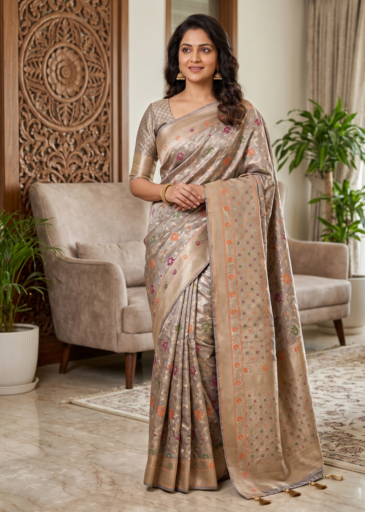 Gold Banarasi-Style Saree with Multicolour Floral Butta Motifs Main image