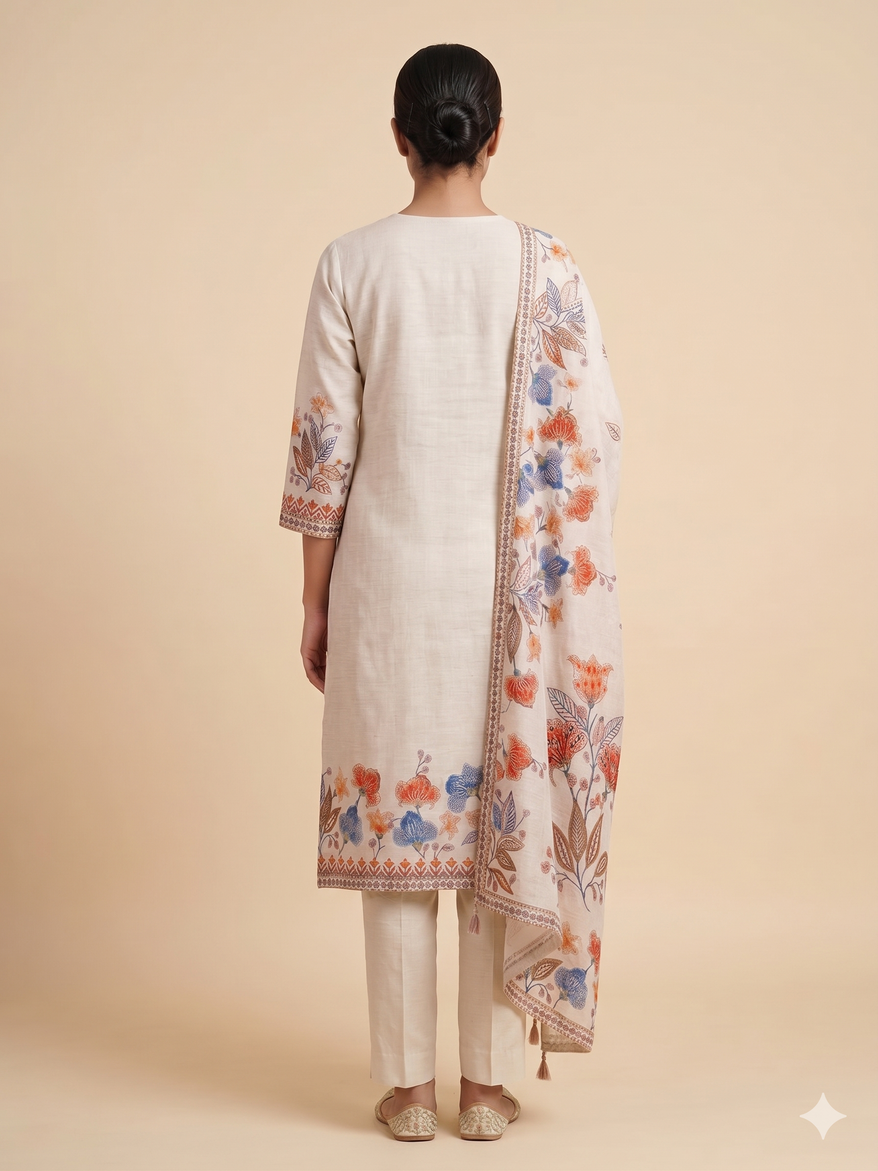 Beige Floral Printed Tussar Silk Suit Set Secondary image