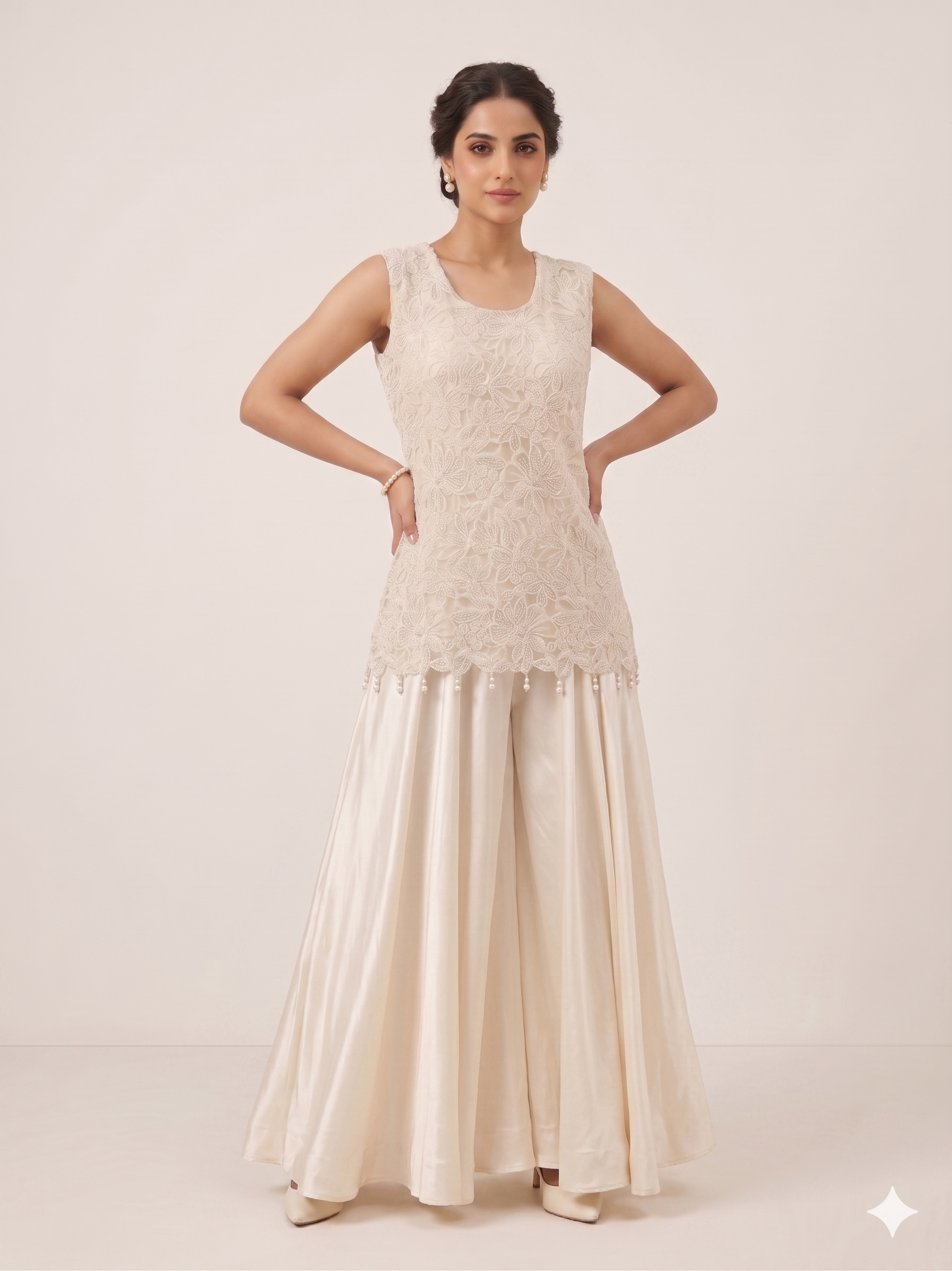 Ivory Lace-Embroidered Tunic Palazzo Set