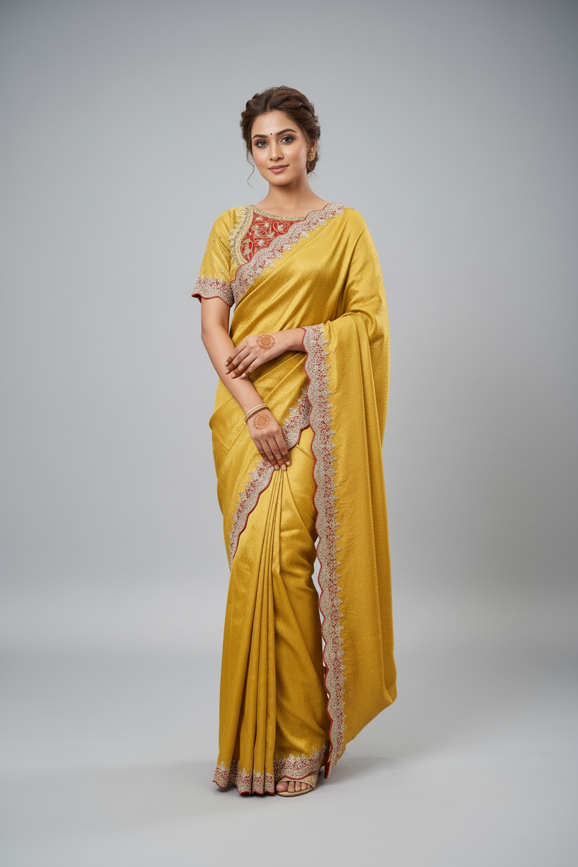 Zari Embroidery Mustard Yellow Silk Saree Main image