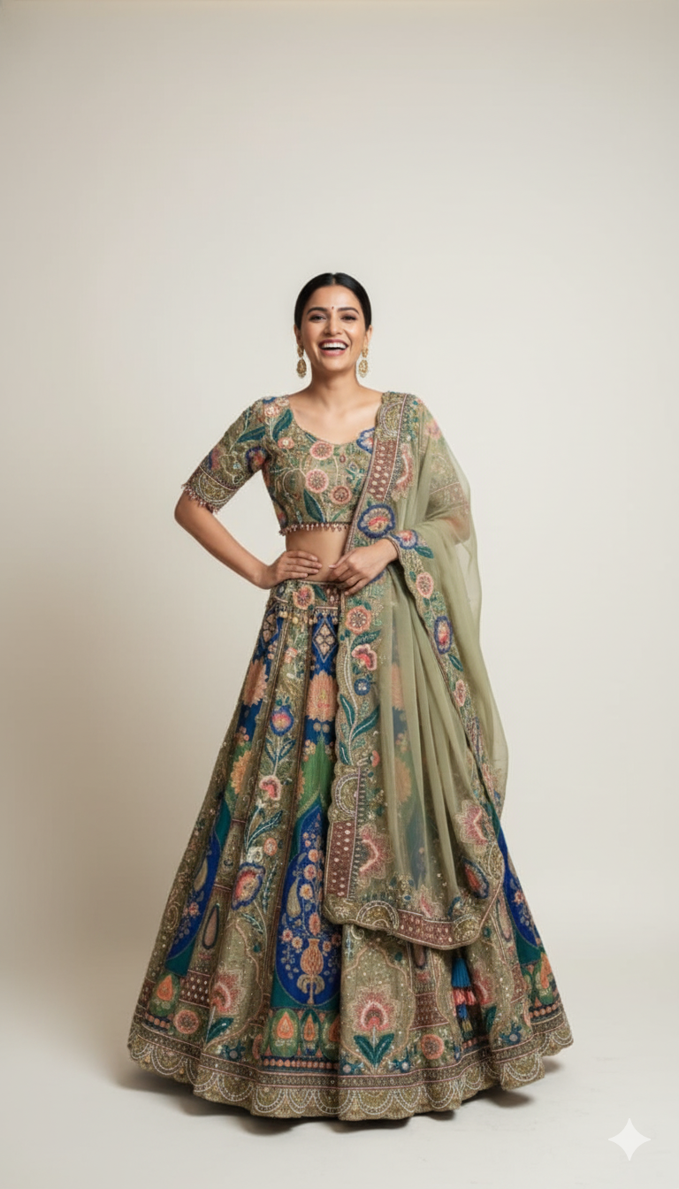 Opulent Olive Green and Navy Blue Lehenga with Paisley Embroidery (5101-A D-17) Main image