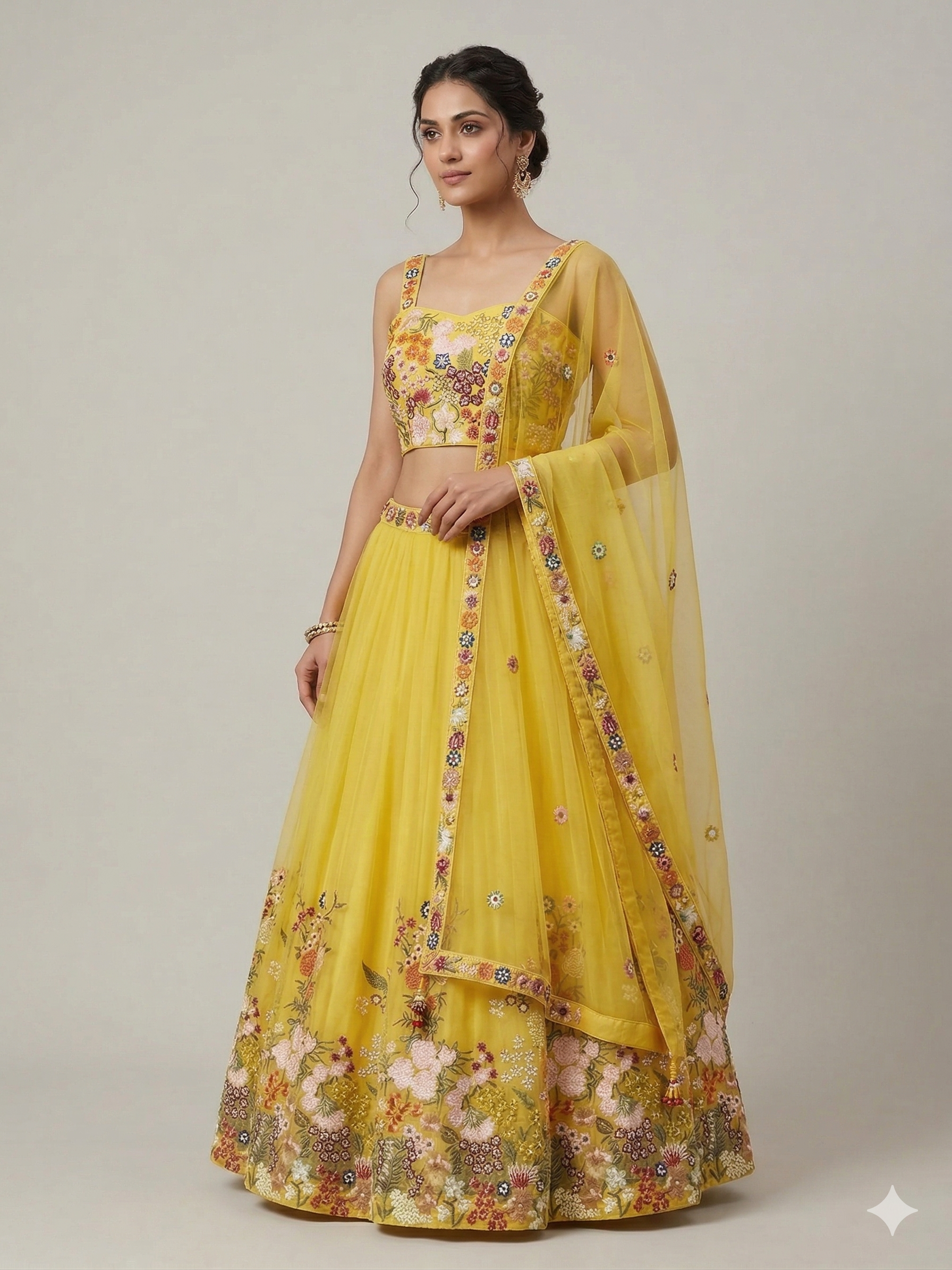 Floral Hand-Embroidered Tulle Lehenga