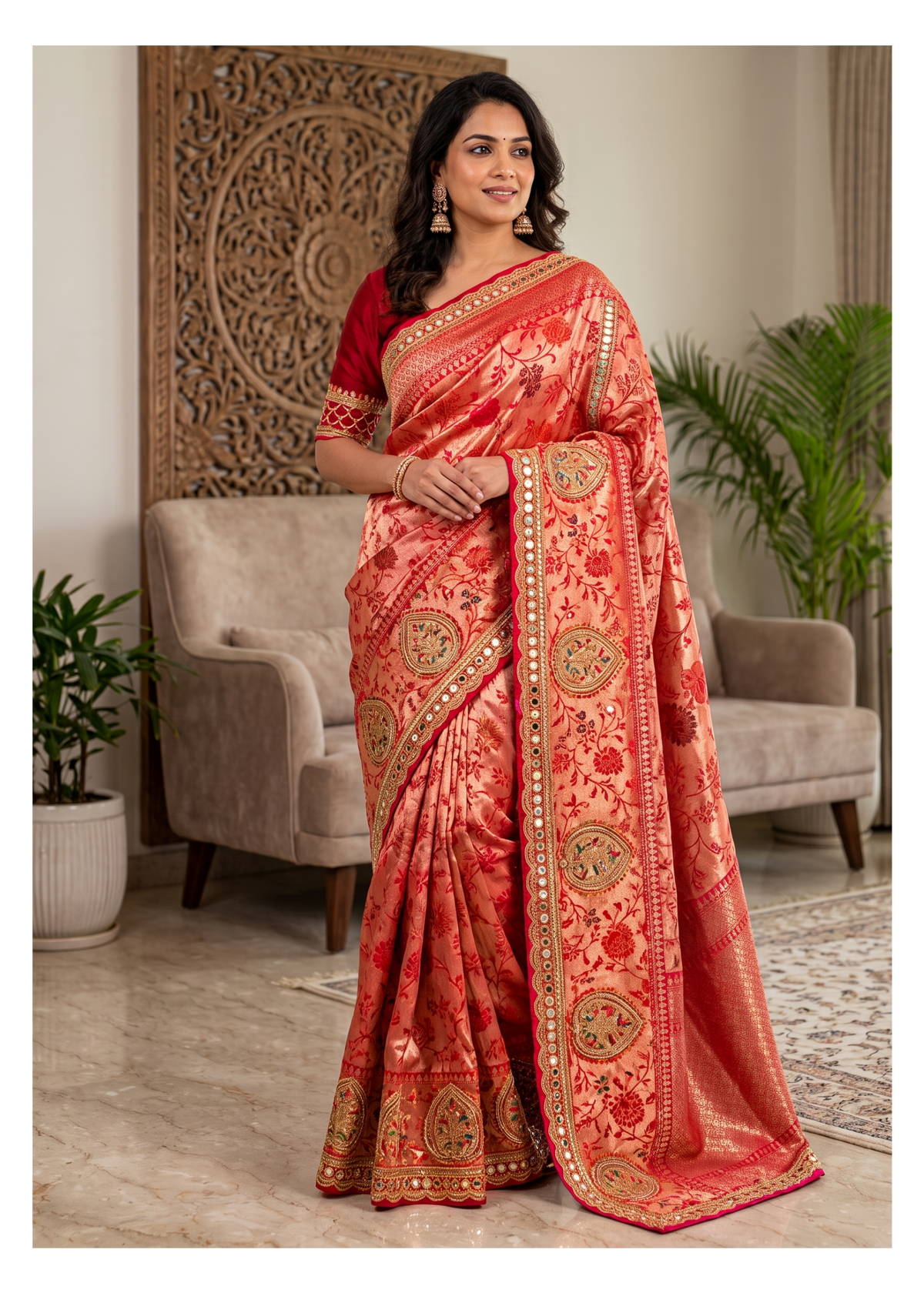 Orange Designer Saree with Red Floral Motifs
