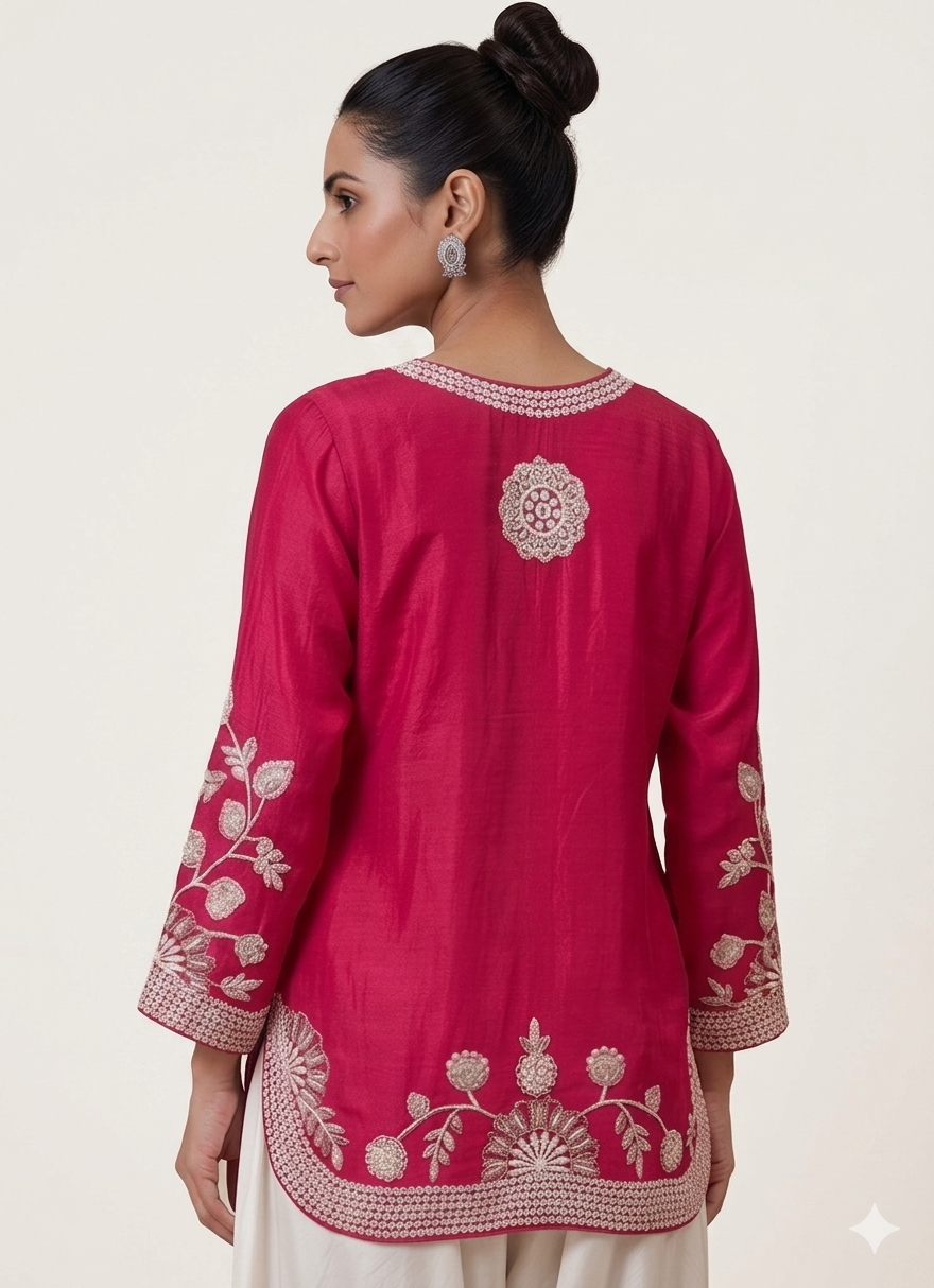 Elegant Fuchsia Pink Embroidered Two-Piece Set