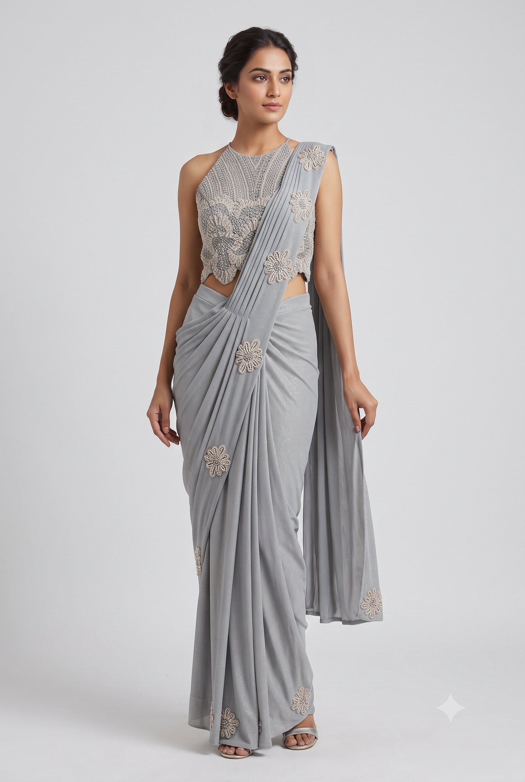 Floral Motif Shimmer Pre-Draped Saree