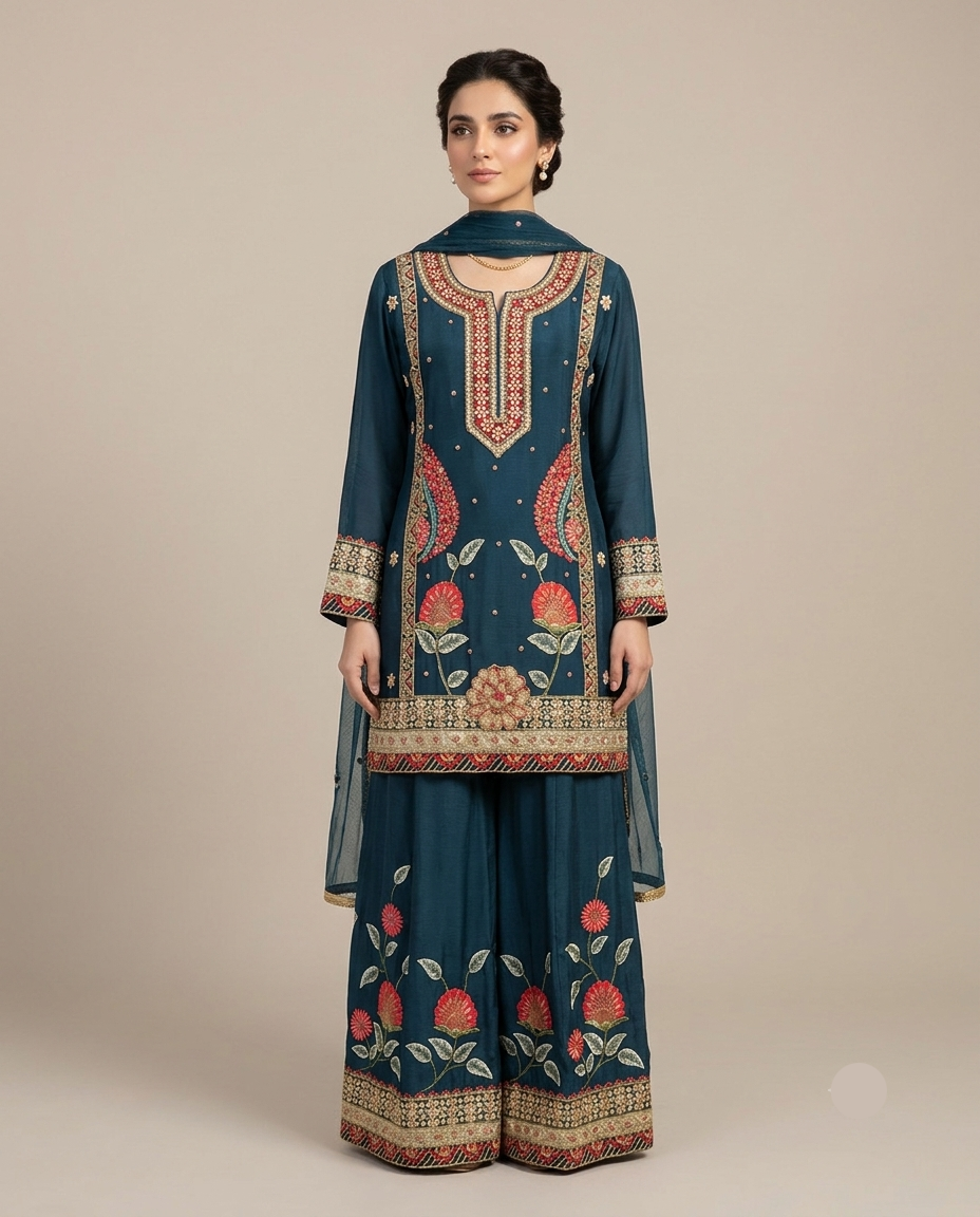 Teal Blue Embroidered Kurta with Matching Sharara and Dupatta Set