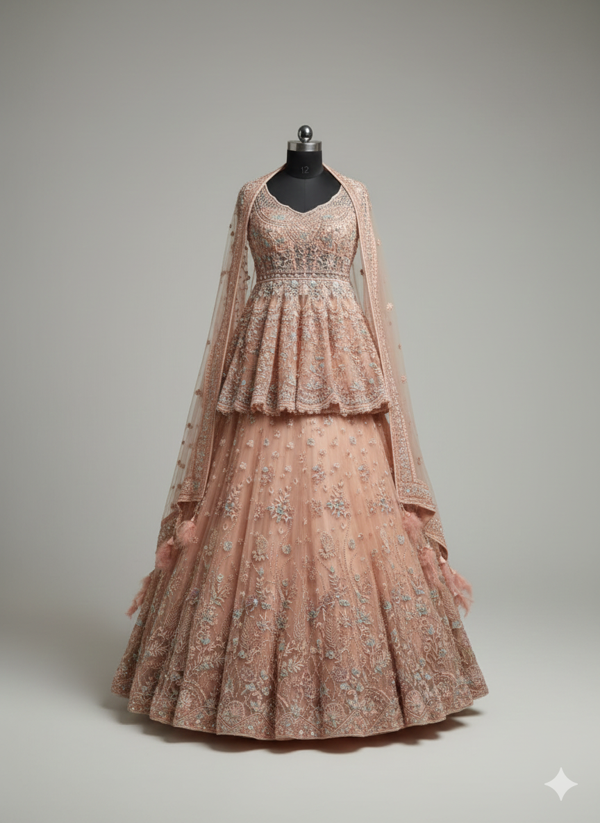 Peach Peplum Choli Lehenga with Pastel Floral Work (DC-24177 D-56) Main image