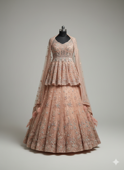 Peach Peplum Choli Lehenga with Pastel Floral Work (DC-24177 D-56)