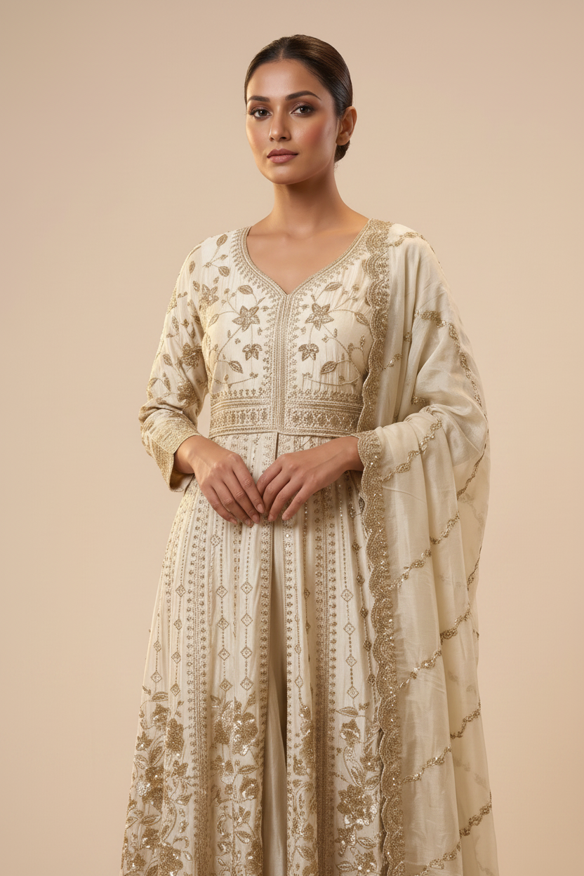 Heavy Gold Zari Georgette Anarkali Palazzo Set