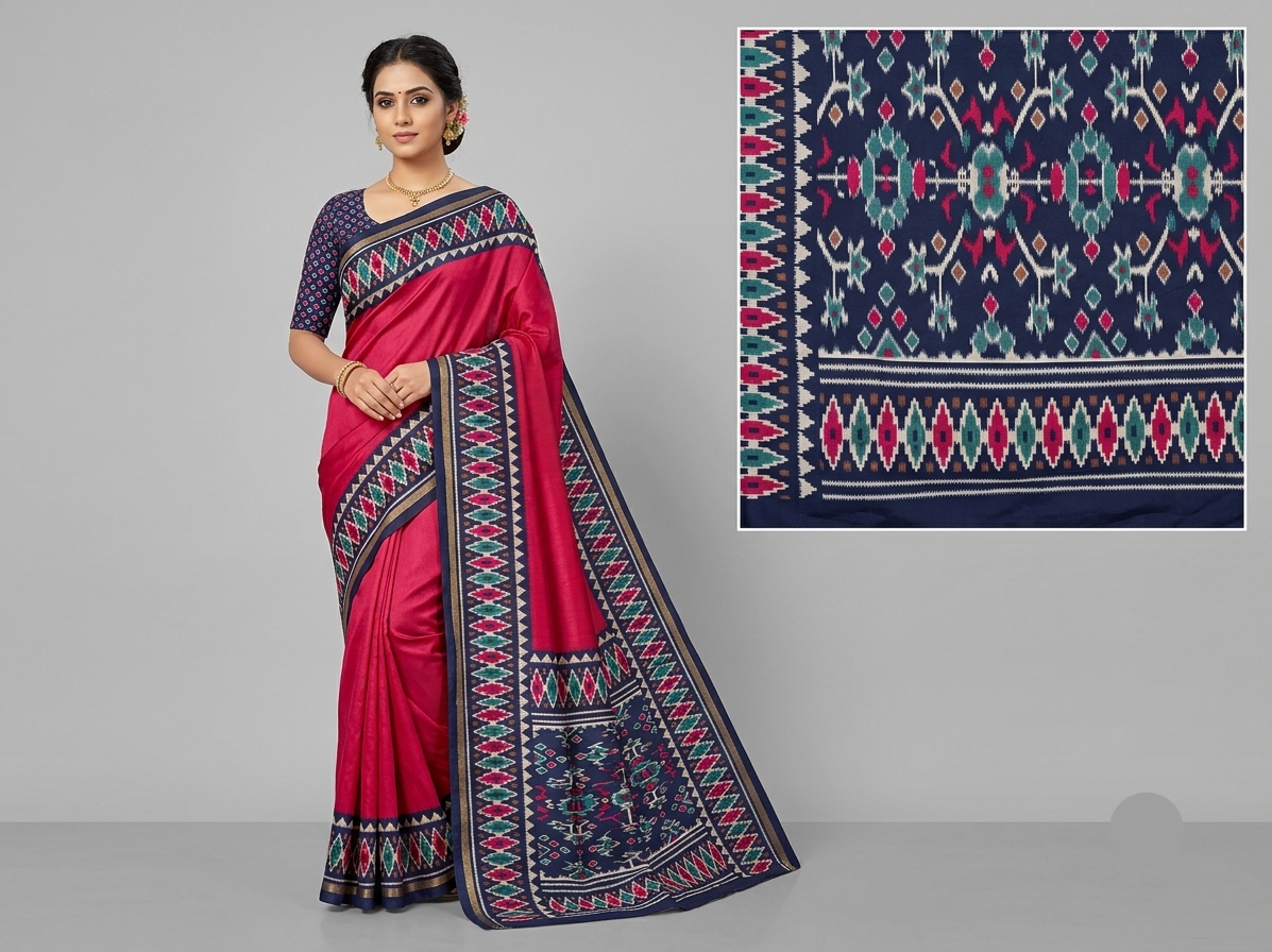 Rani Pink Soft Fabric Saree with Navy Blue Geometric Border Main image