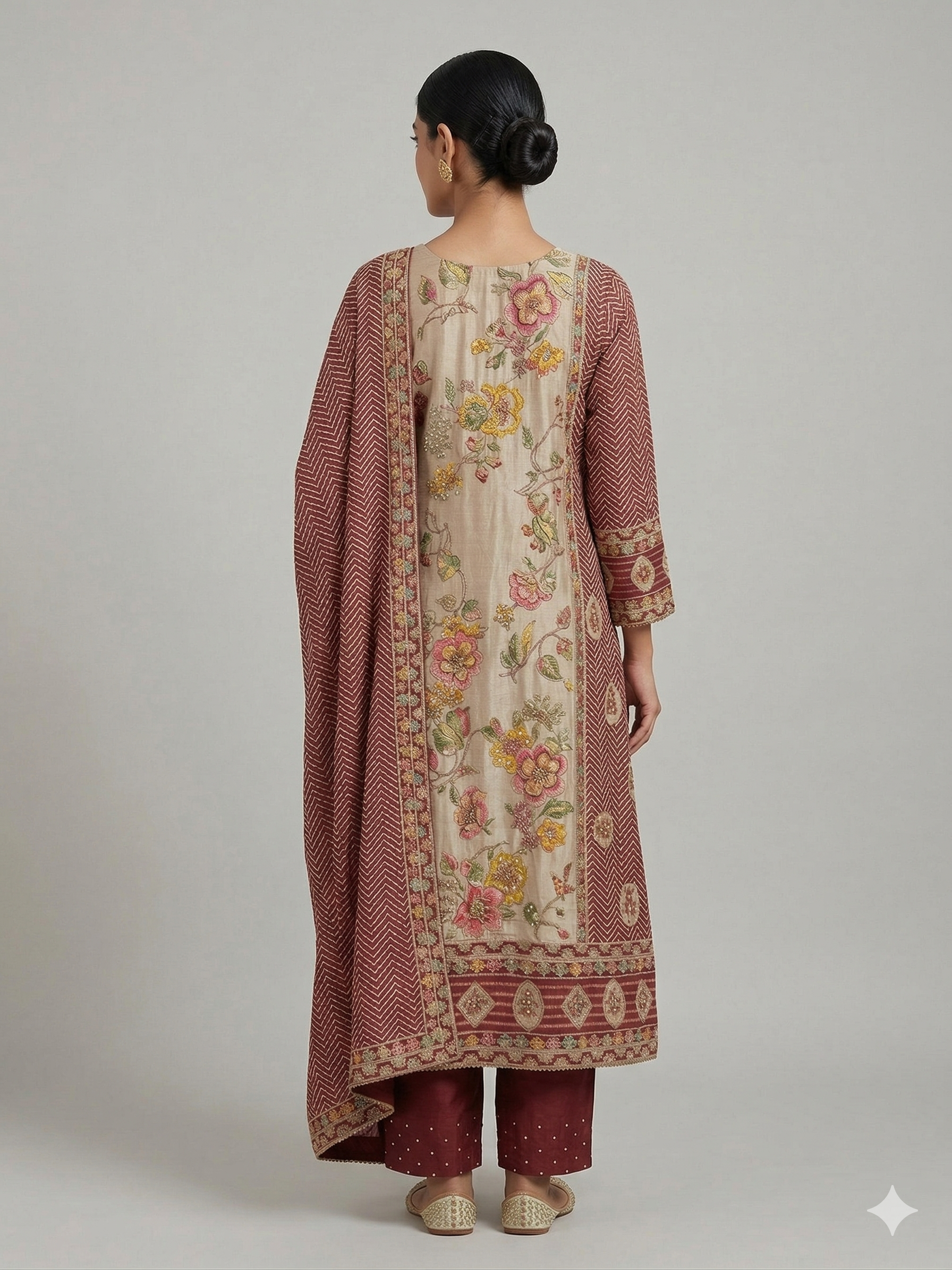 buy Buy Floral Silk Kalamkari & Bandhani Fusion Suit in Maroon Tones for women