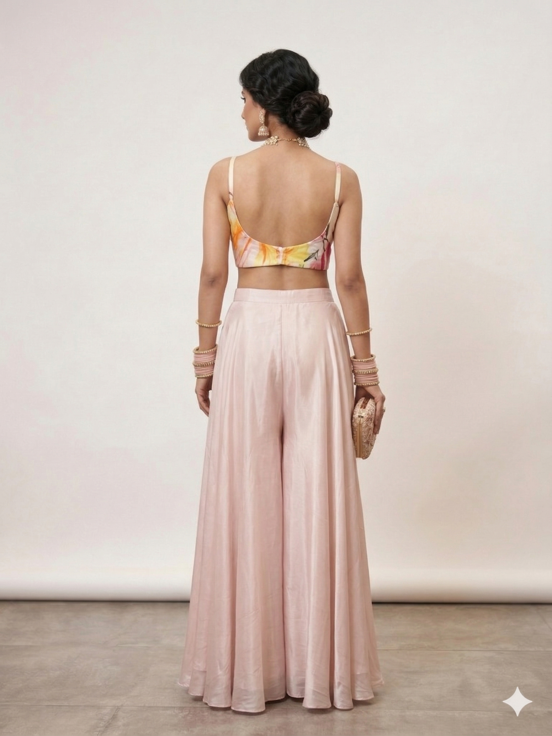 Shop Floral Blush Satin Palazzo Set with Printed Bustier Online