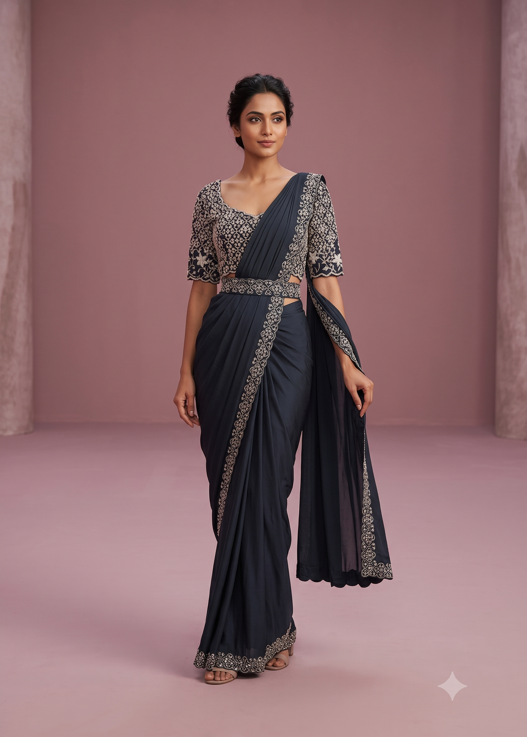 Charcoal Black Pre-Draped Saree Main image