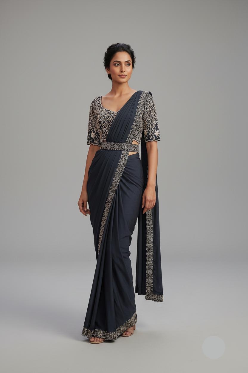 Charcoal Black Pre-Draped Saree Main image