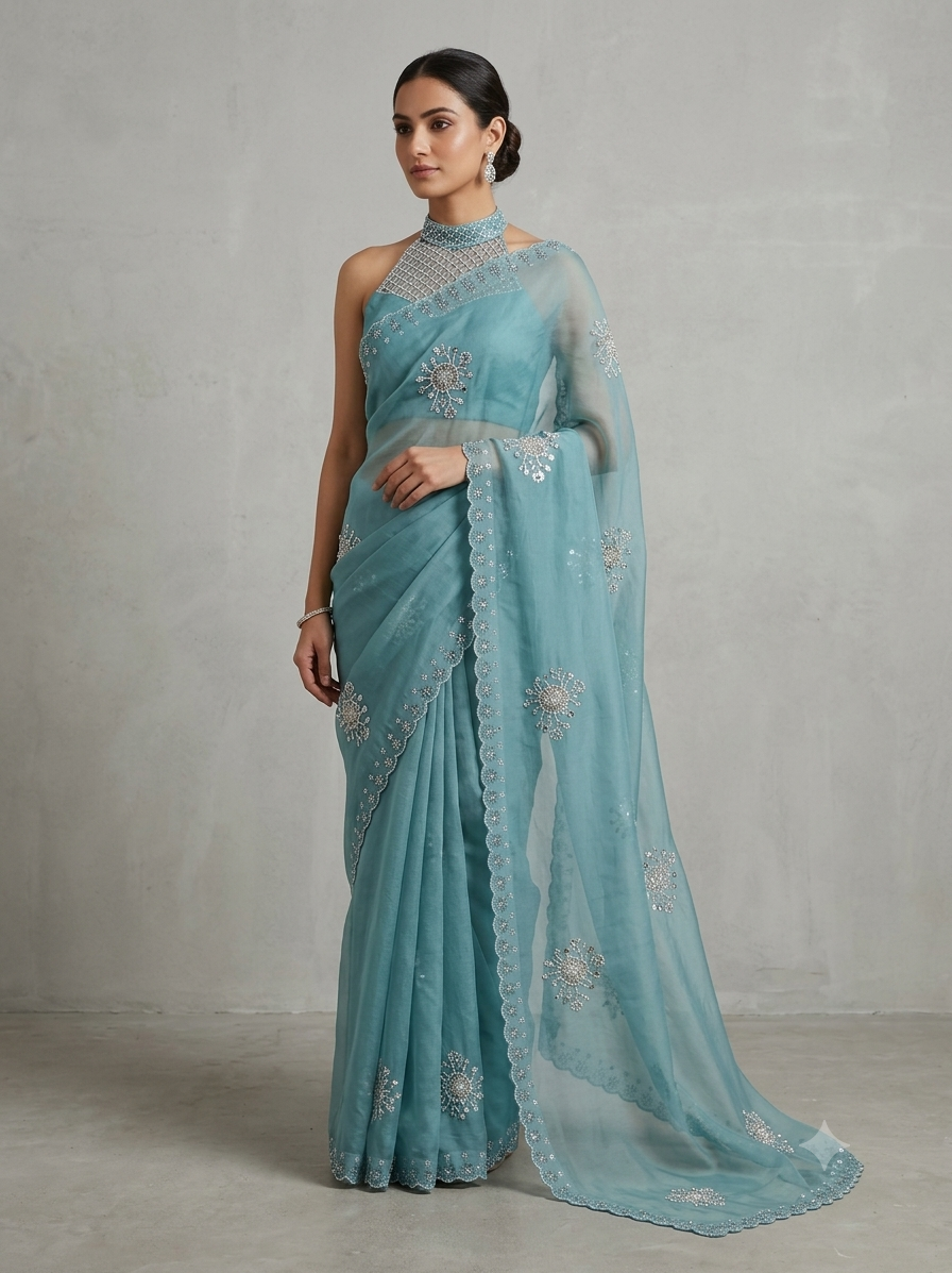 Sky Blue Tissue Fabric with Delicate Floral Embroidery