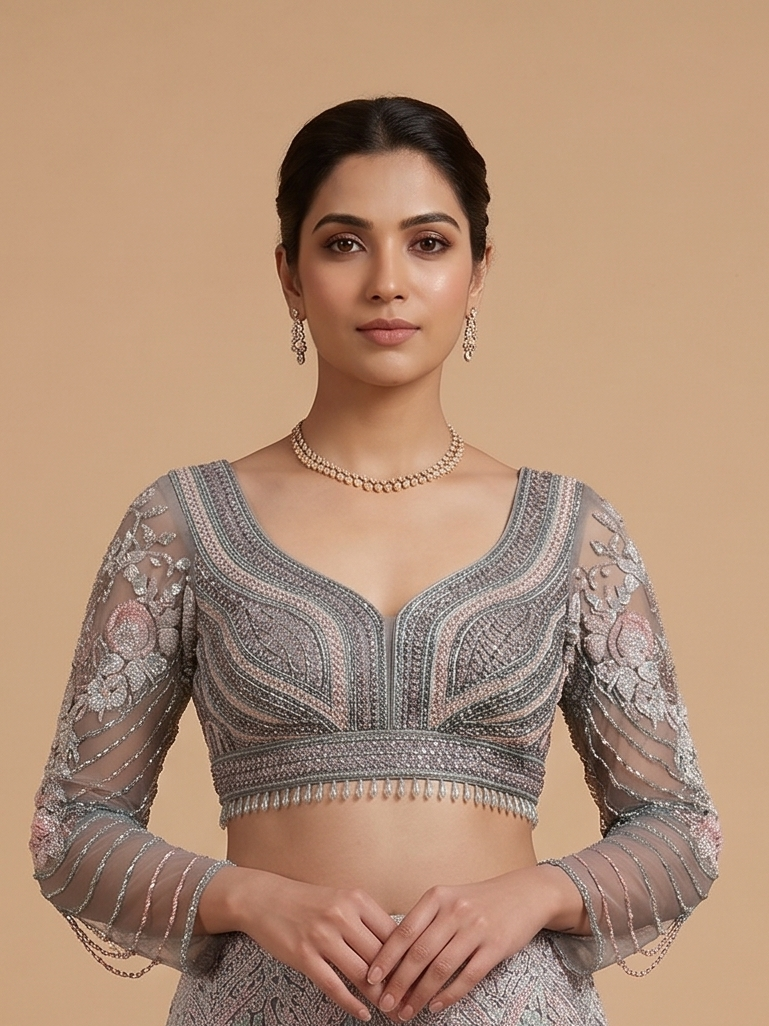 Embroidered Pastel Floral Grey Lehenga Set Secondary image