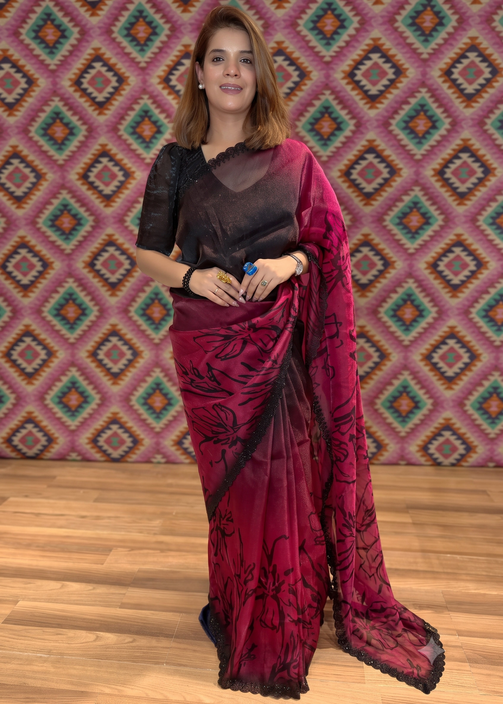 Wine Contrast Floral Print Saree Main image