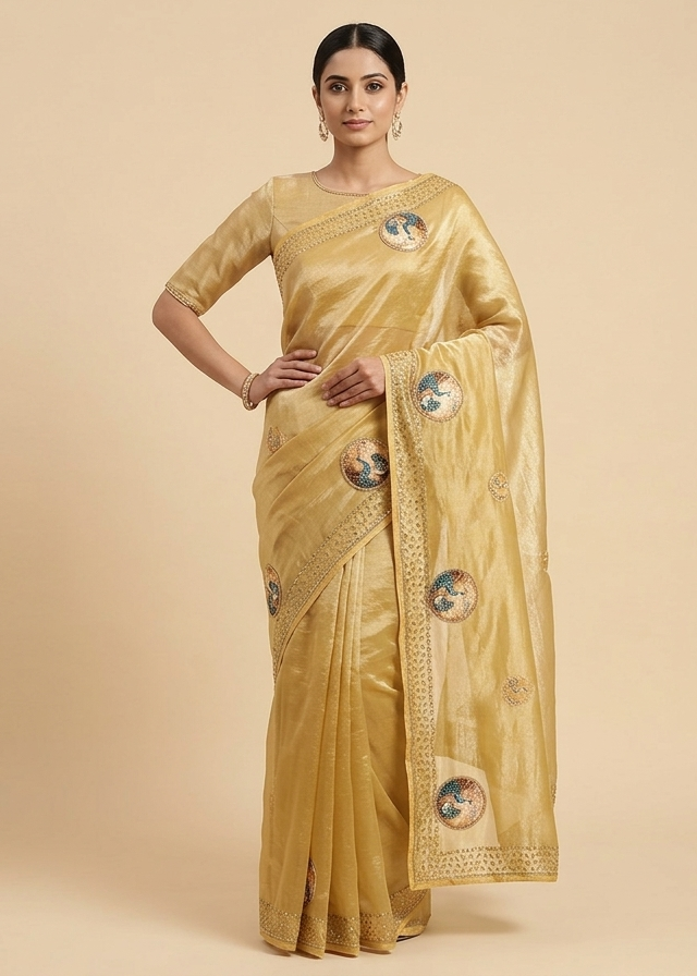 Golden Organza Saree with Peacock Motifs & Embellished Border Main image