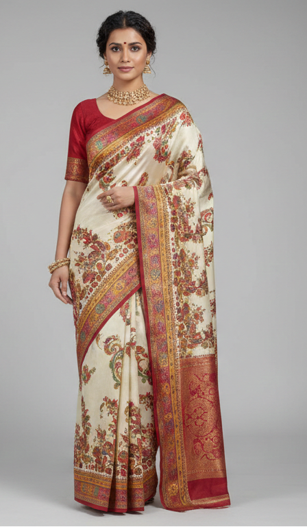 Ivory Blossom Heritage Silk Saree