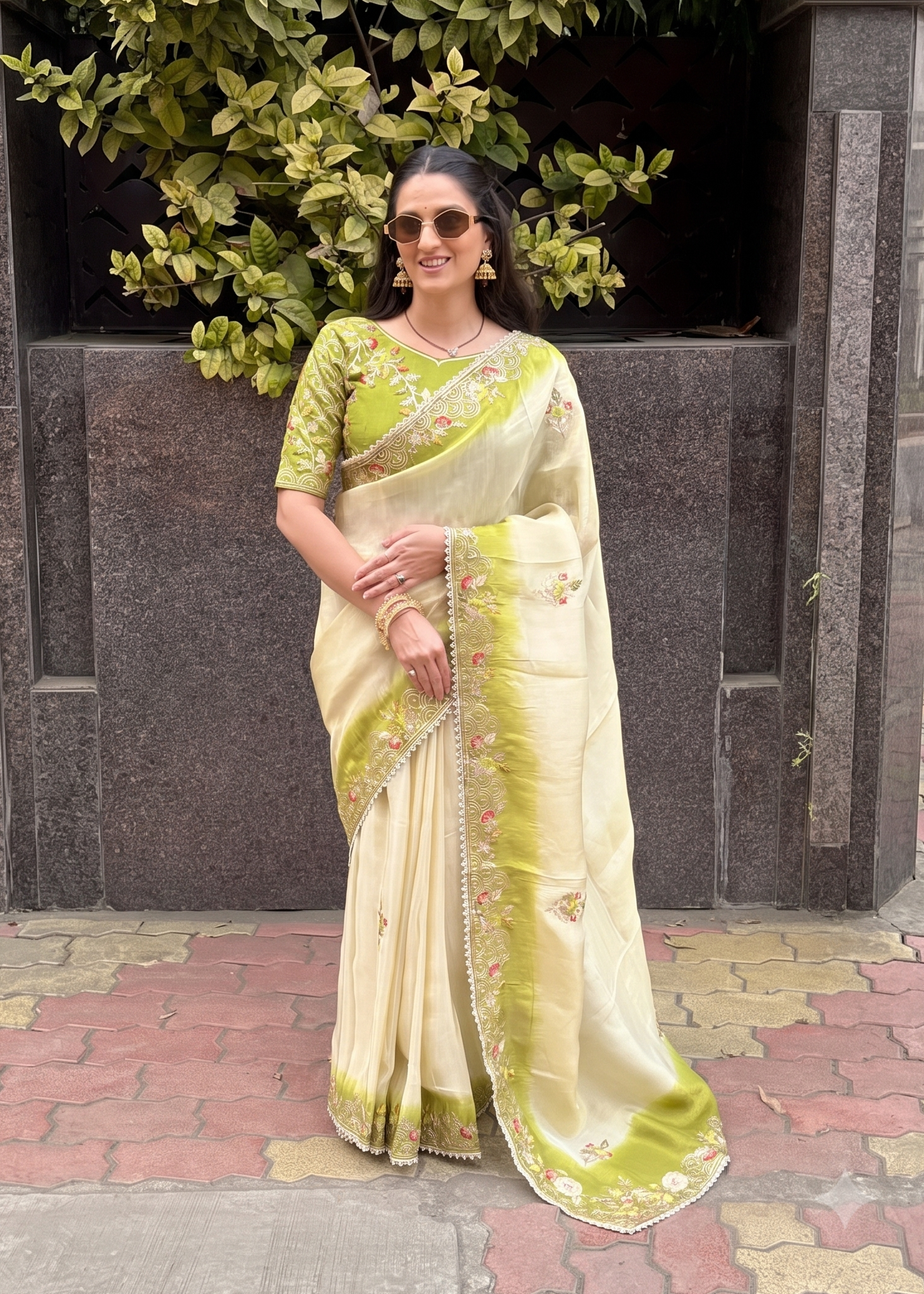 Dual-Tone Embroidered Organza Saree