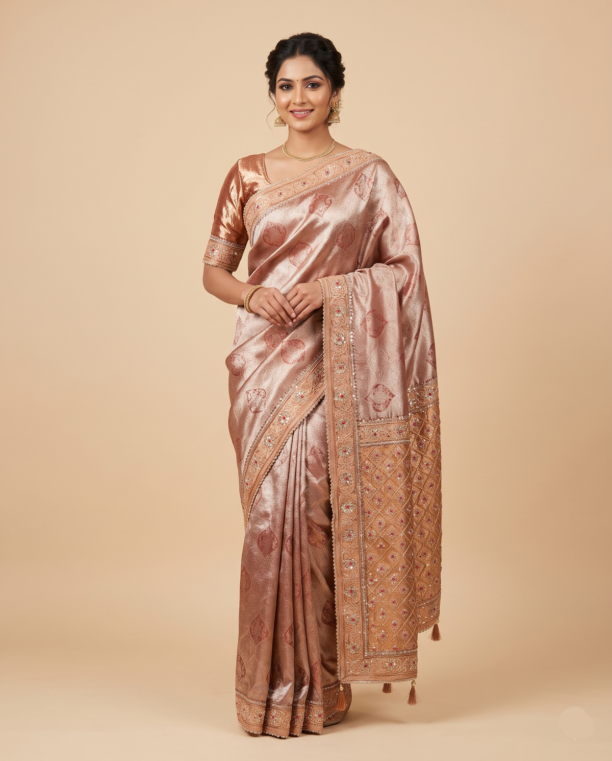 Rose Gold Tissue Silk Saree with Geometric Brocade Pallu Main image